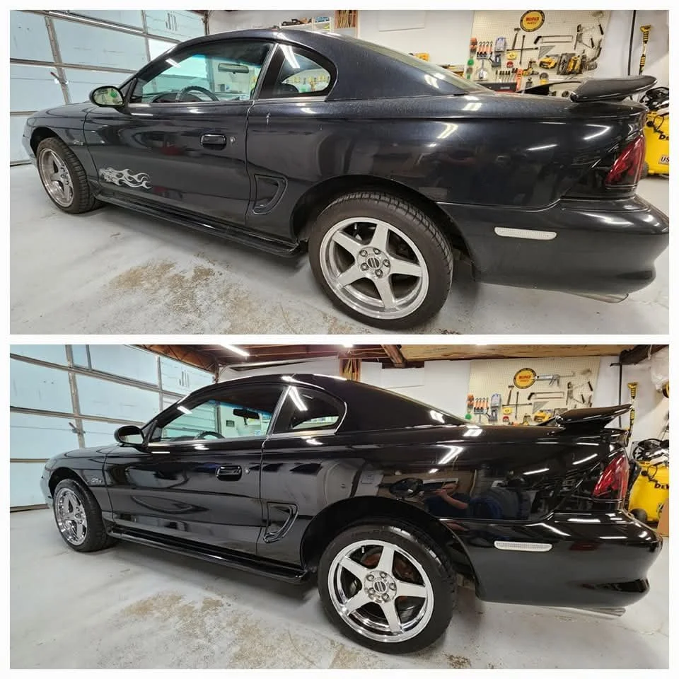 Before and after images of a black sports car in a garage, showing a fresh coat of glossy black paint with freshly polished and corrected paint.