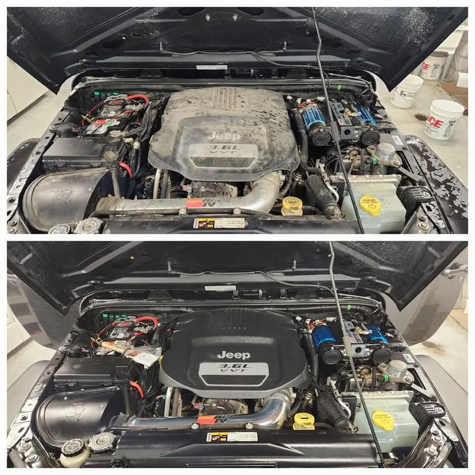 Before and after images of a Jeep engine bay, showing a dusty old engine bay in the top image and a freshly detailed engine bay in the bottom image.