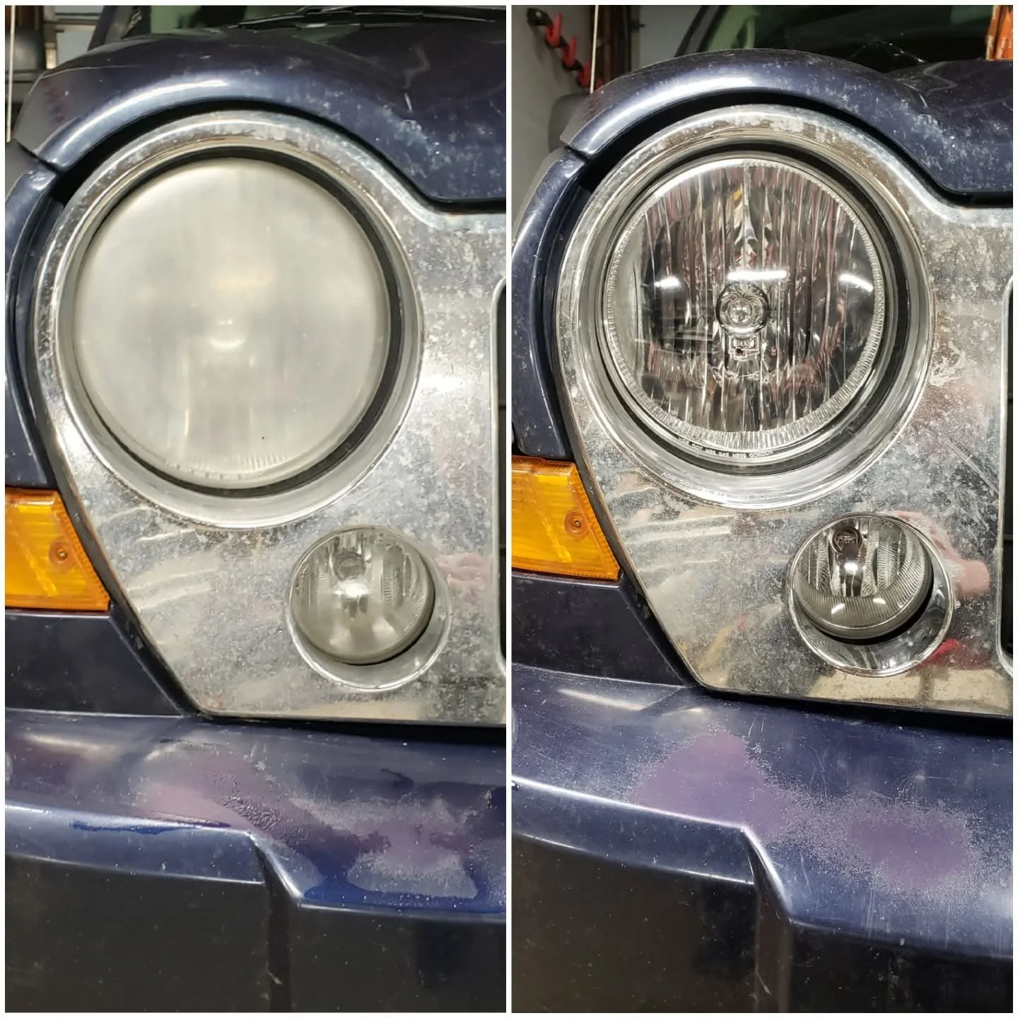 Side-by-side comparison of a car's headlight before and after restoration, showing a dirty, cloudy headlight on the left and a clear, restored headlight on the right.