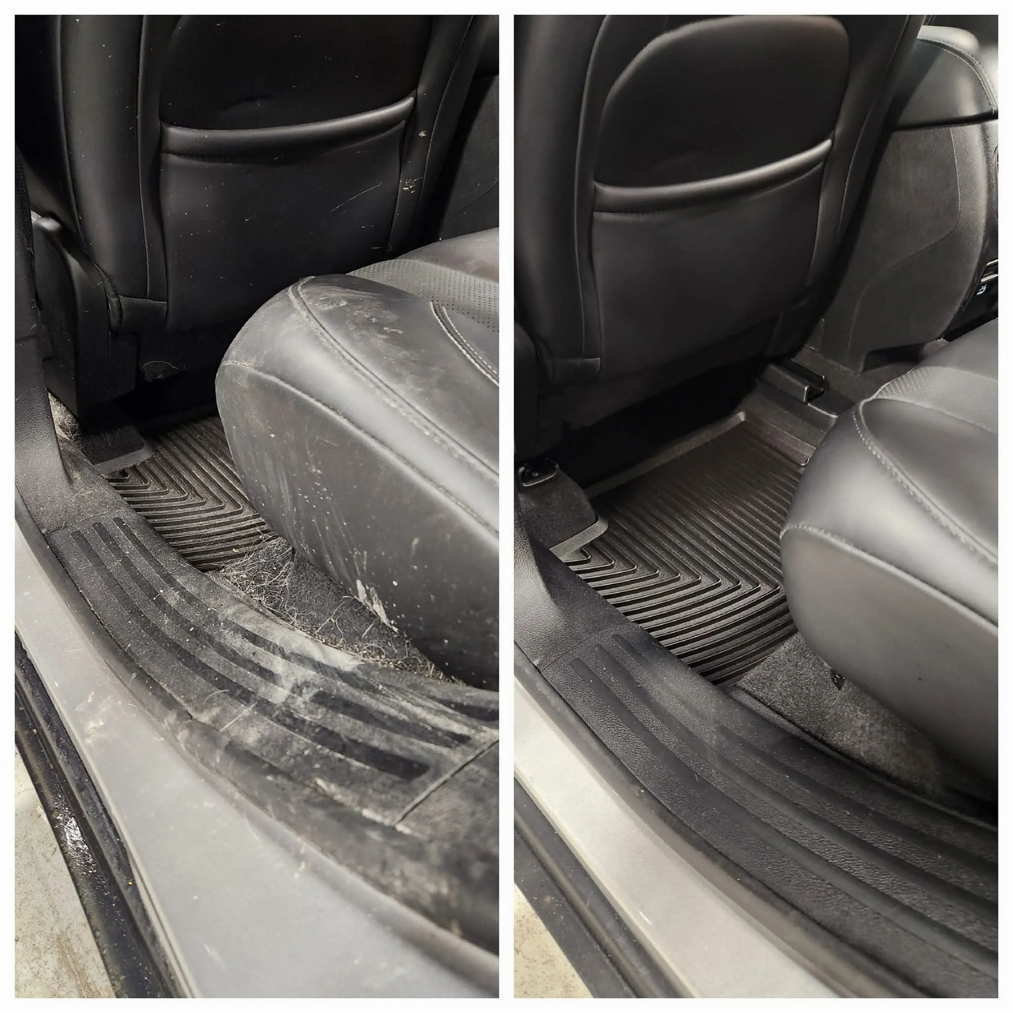 Comparison of the back of a black leather car seat, showing before and after cleaning, with noticeable dirt and dust now removed.