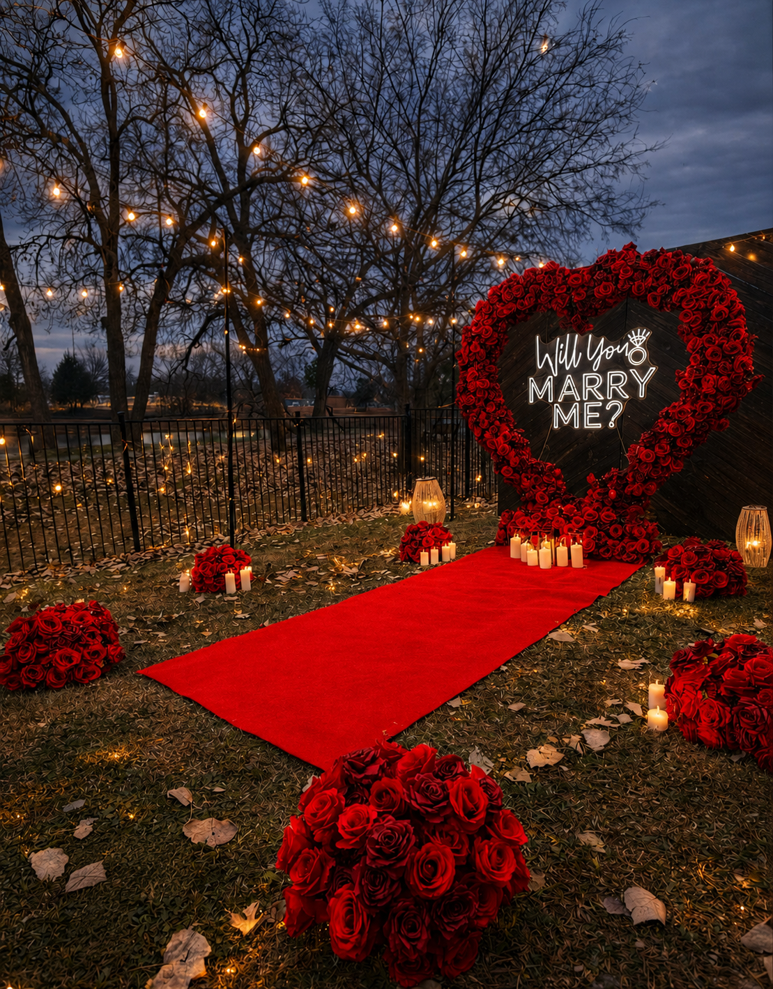 Outdoor romantic proposal setup at dusk with a red carpet, surrounded by bouquets of red roses, candles, and lanterns. A large heart-shaped floral arrangement with the words "Will You Marry Me?" illuminated inside.