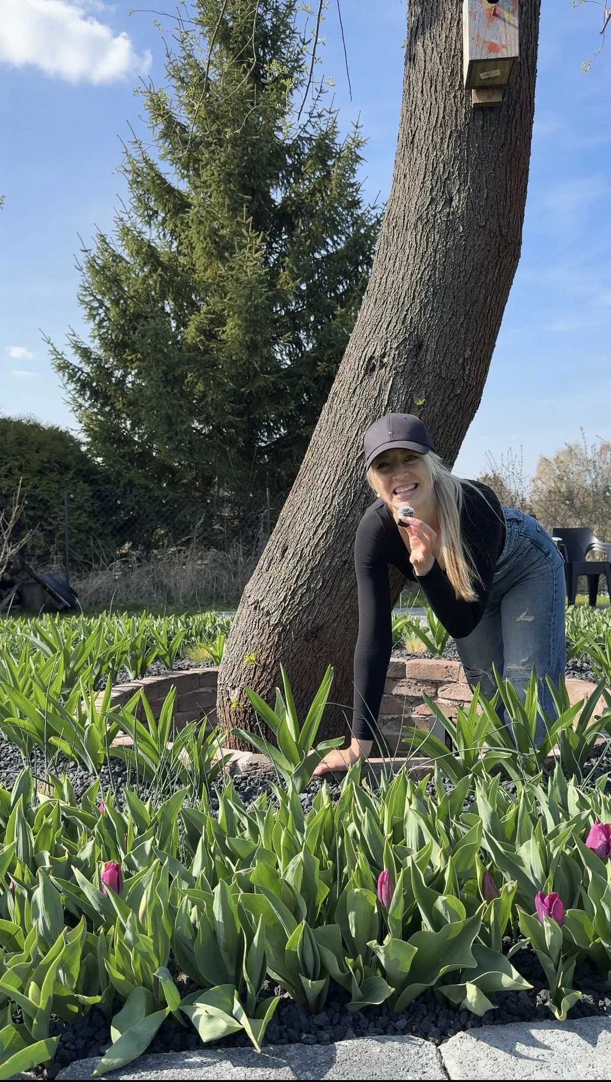 Janet Hirse von Hannis_Haus steht im XXL-Tulpenbeet und filmt Gartencontent zwischen blühenden Tulpen.