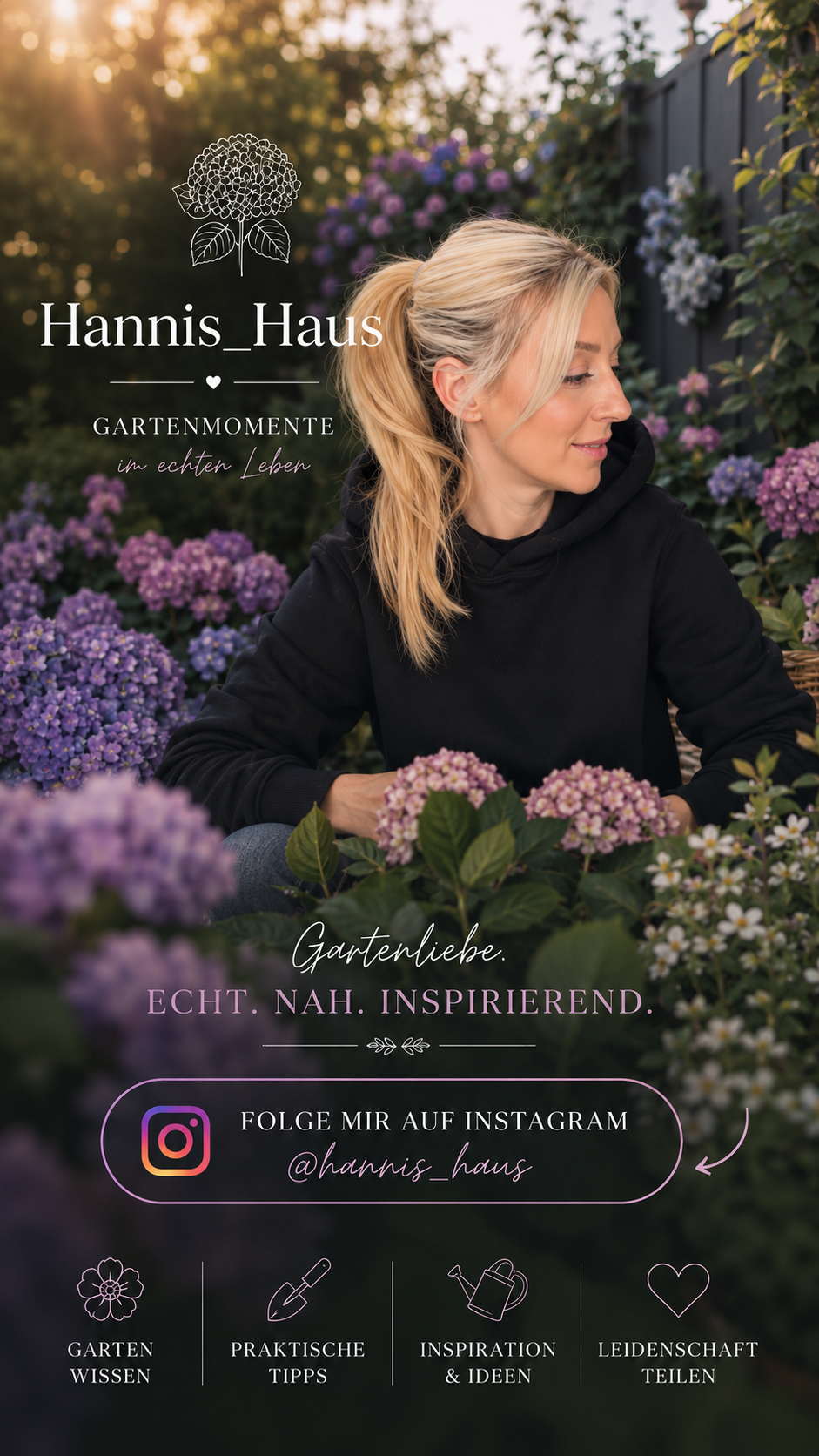 Eine Frau sitzt in einem Garten mit blühenden Hortensien in verschiedenen Farben, während die Sonne untergeht. Der Text auf dem Bild bewirbt den Instagram-Account @hannis_haus für Gartenmotive im echten Leben.