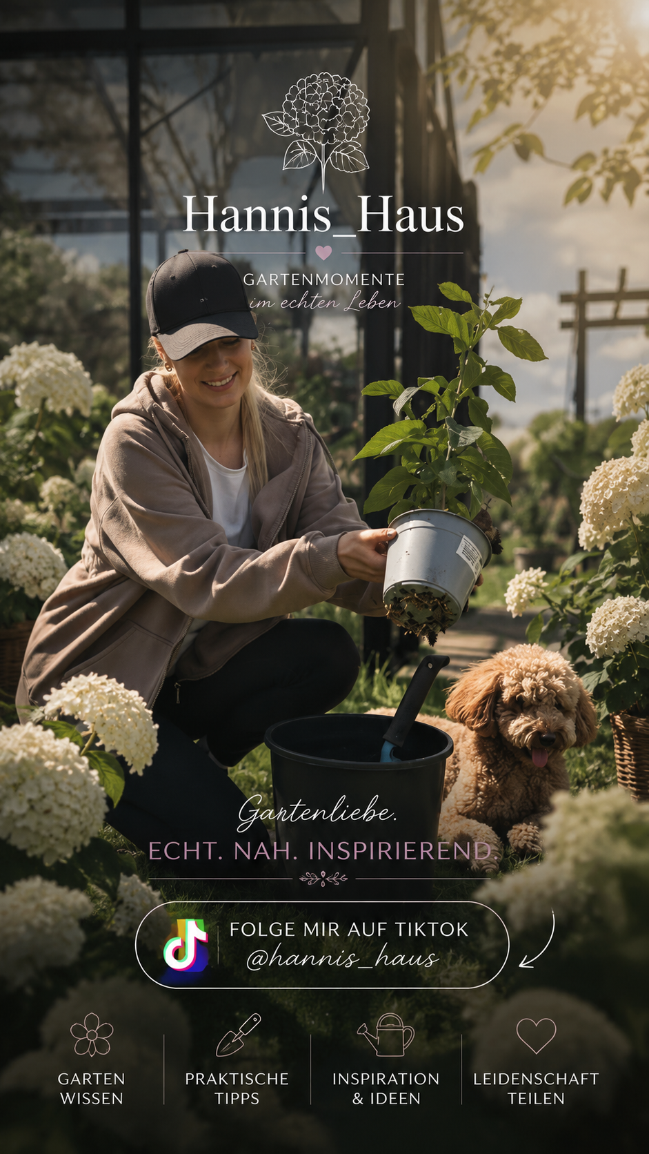 Ein junges Mädchen im Garten pflanzt eine Pflanze und hat einen Hund neben sich. Der Garten ist mit weißen Hortensien umgeben, im Hintergrund ein Glashaus und ein bewölkter Himmel. Text auf dem Bild: "Hannis Haus", "Gartenmomente im echten Leben", und Hinweise auf TikTok @hannnis_haus, sowie Symbole für Gartenwissen, praktische Tipps, Inspiration & Ideen, Leidenschaft teilen.