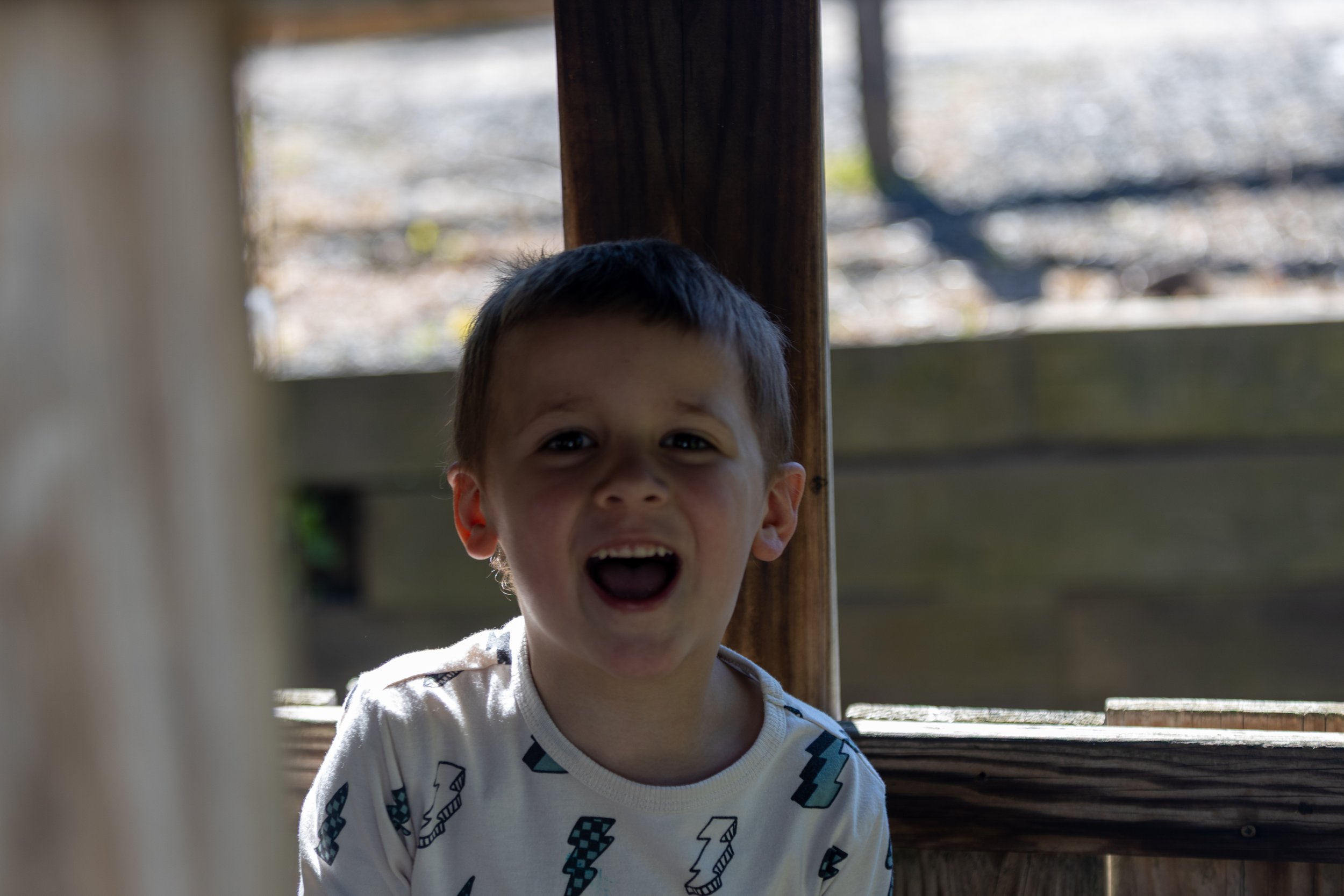 A young boy with short dark hair, smiling and showing excitement, standing outdoors near a wooden structure with a blurred background.