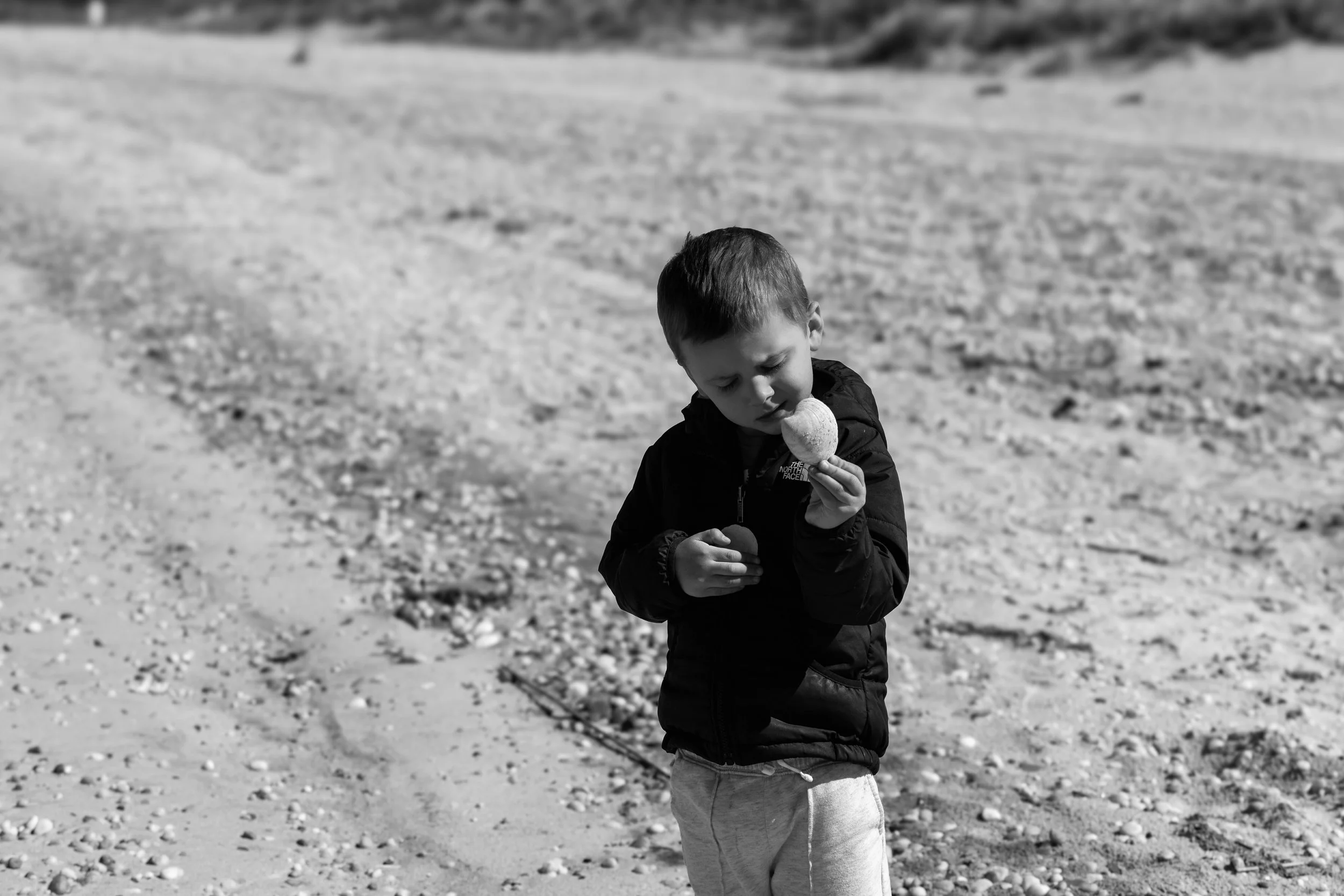 A young boy standing outdoors on a rocky beach holding a shell