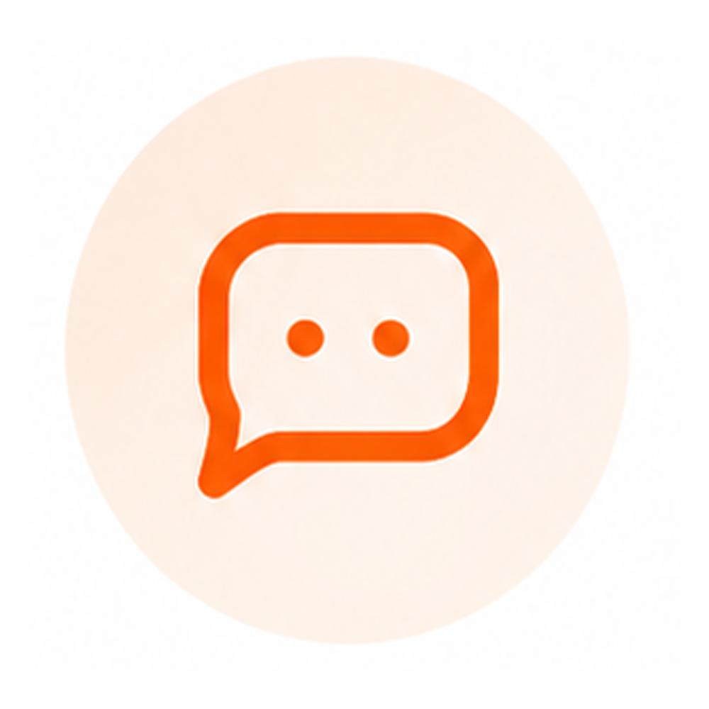 Orange speech bubble icon with two dots inside, resembling a face or a chat symbol, on a light background.