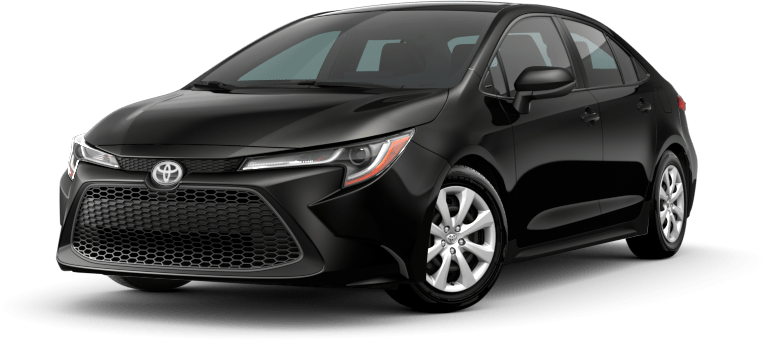 Black Toyota Corolla sedan isolated on black background.