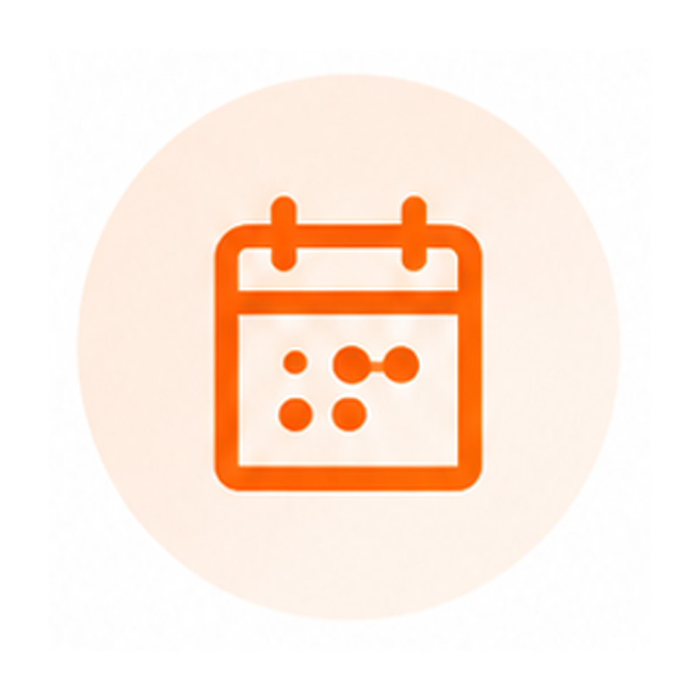 Icon of a calendar with dots representing events or dates, in orange color.