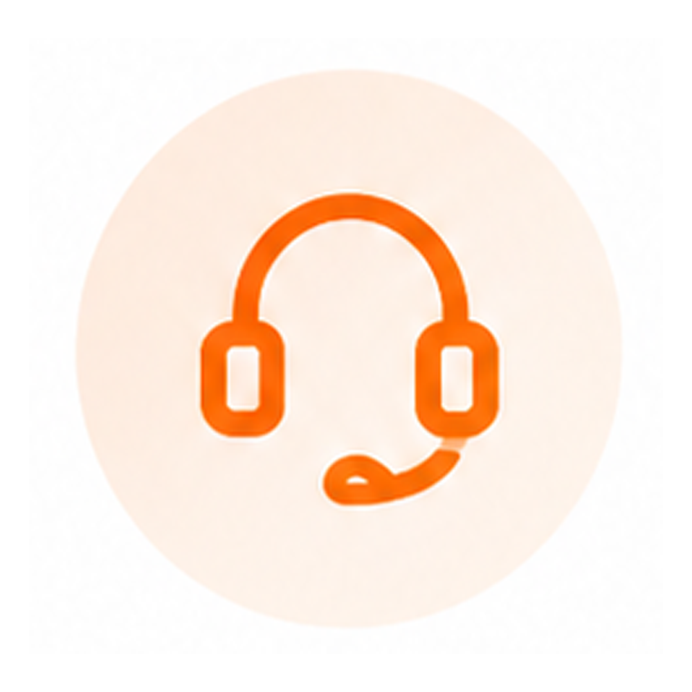 Icon of an orange headset with a microphone, on a light circular background.