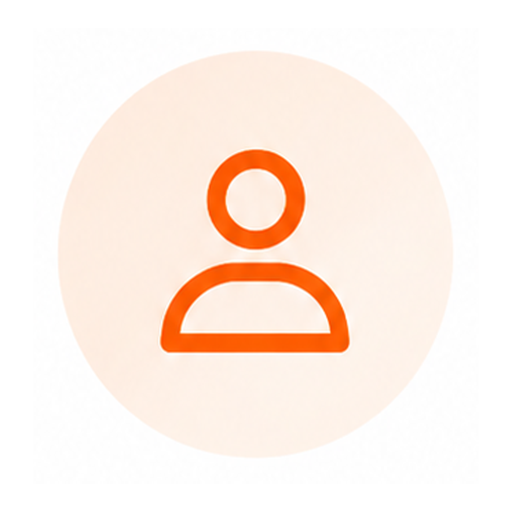Simple orange user profile icon with a circular head and a semi-circular body inside a light beige circle.