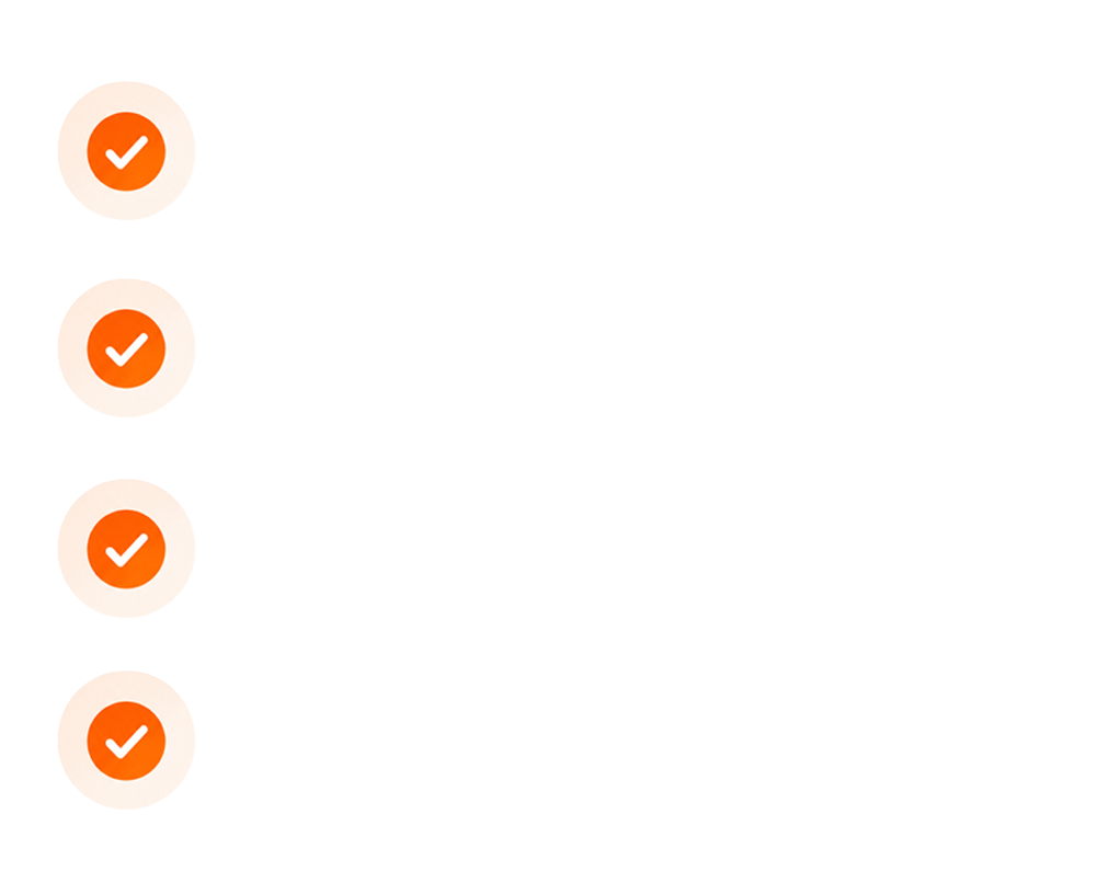 Screenshots of a checklist with four items, each marked with an orange checkmark icon.