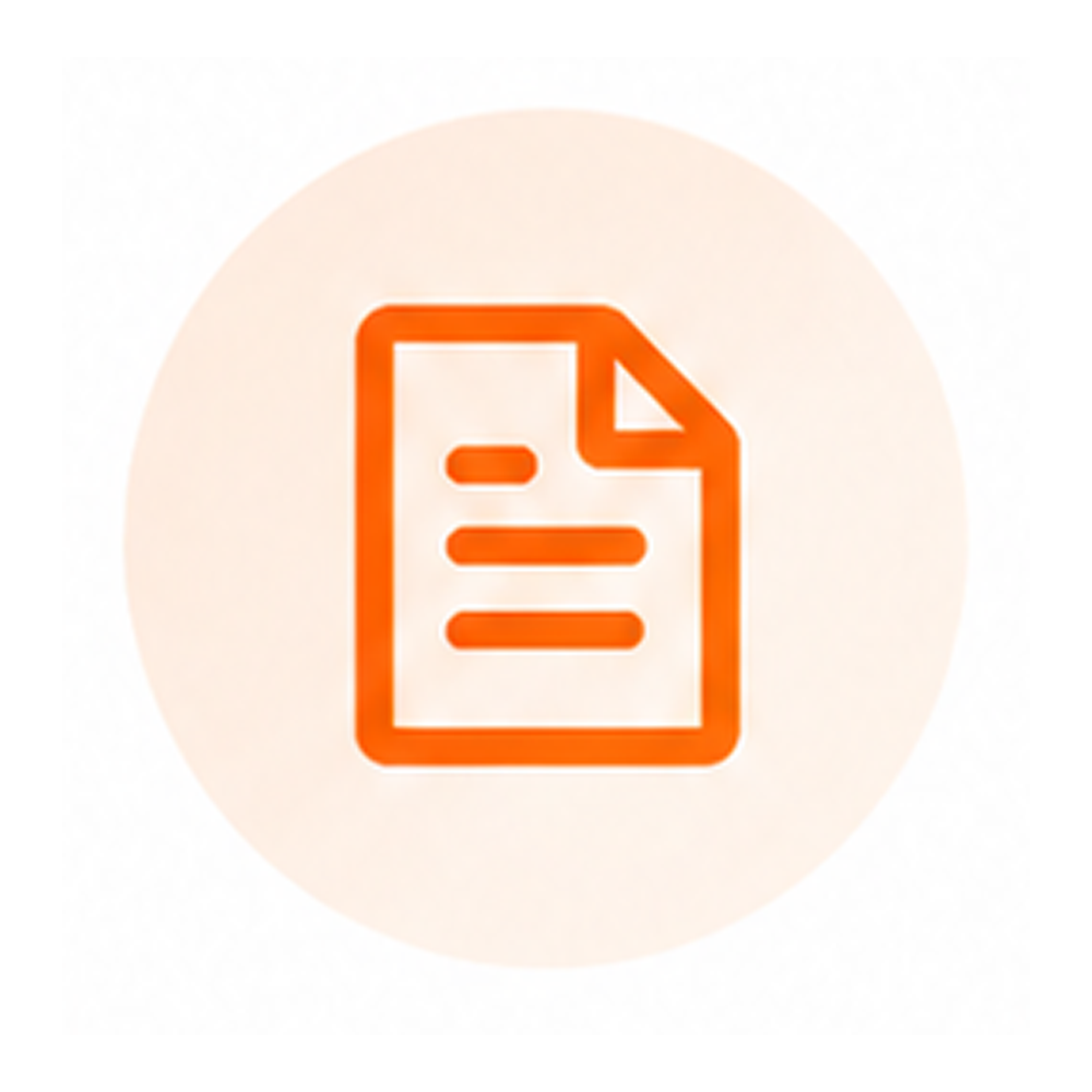 Icon of a document in orange with a folded top right corner and three horizontal lines, indicating a text or file.