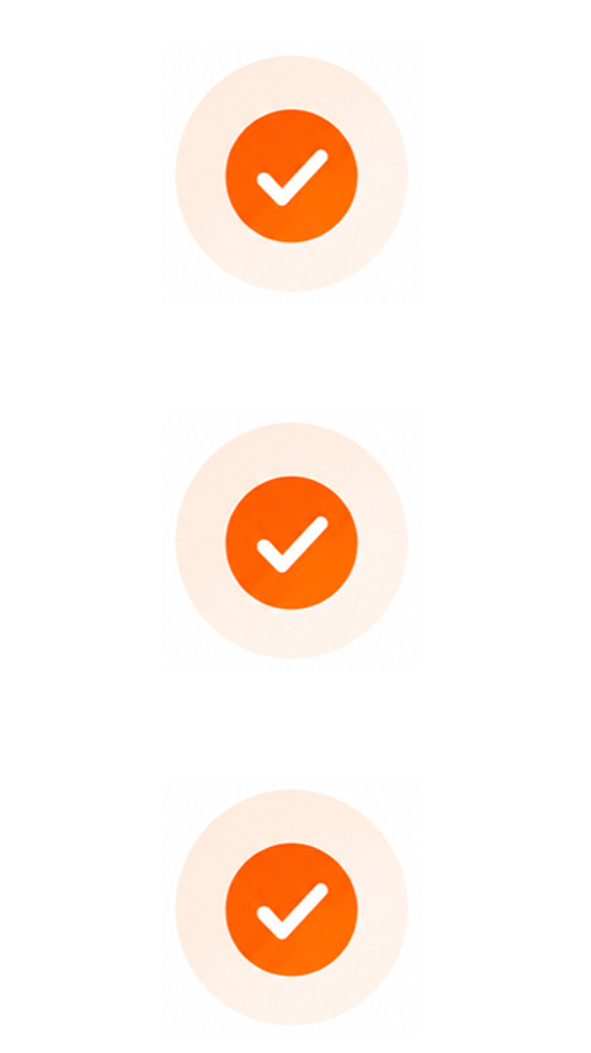 Three circles with orange backgrounds and white check marks in the center, arranged vertically.