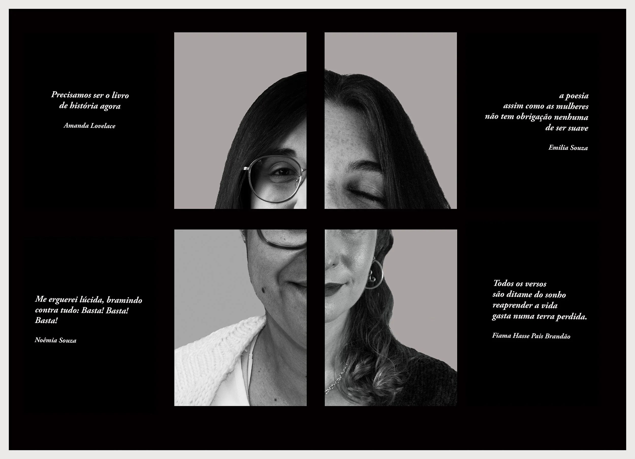 Cartaz da exposição coletiva Olhos de Candela, com retrato em preto e branco fragmentado por uma grade e citações sobre fotografia e poesia.