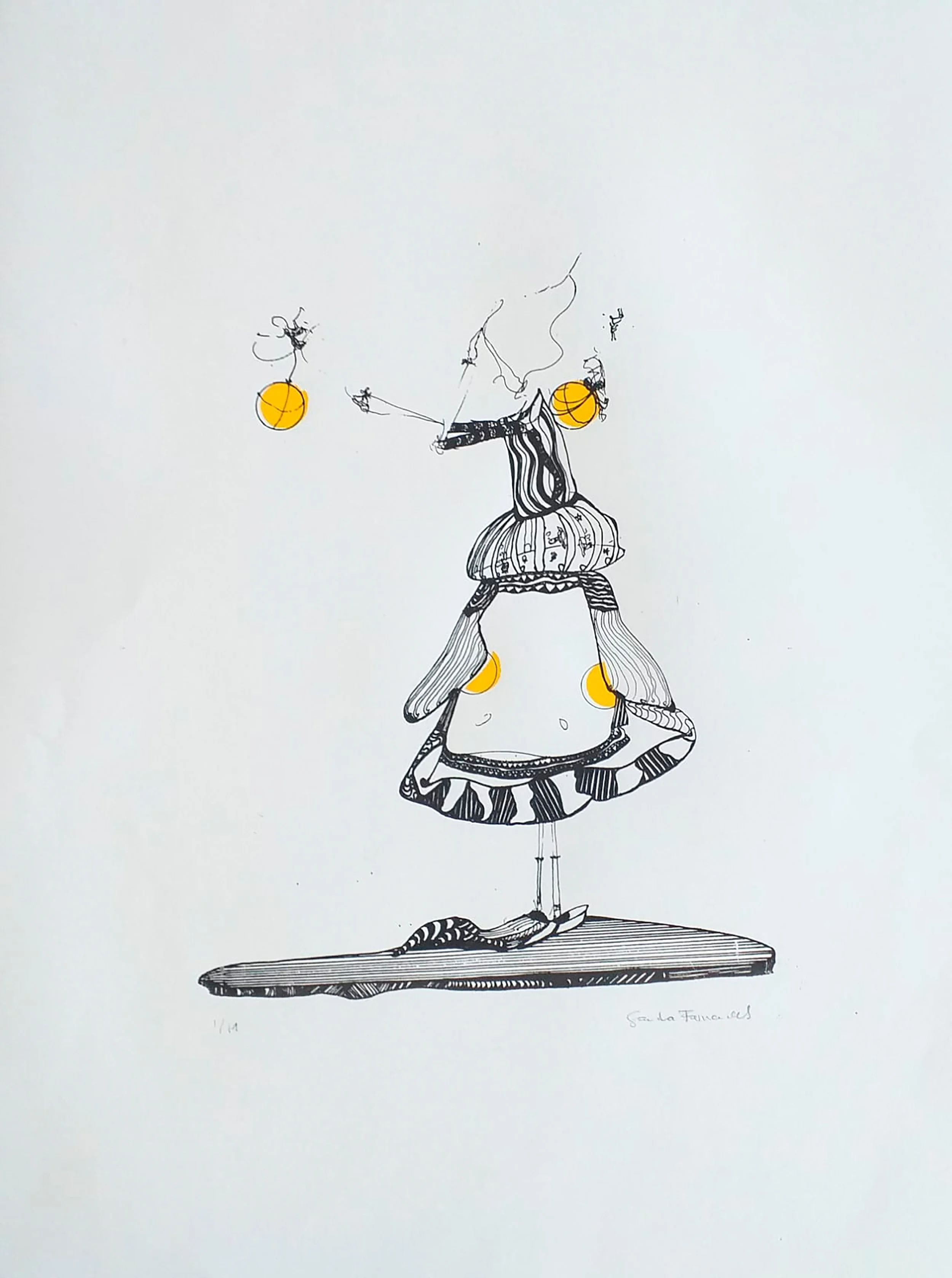 Serigrafia de Sandra Unglert Fernandes, mostrando uma figura humana estilizada acompanhada por quatro círculos amarelos sobre papel branco.