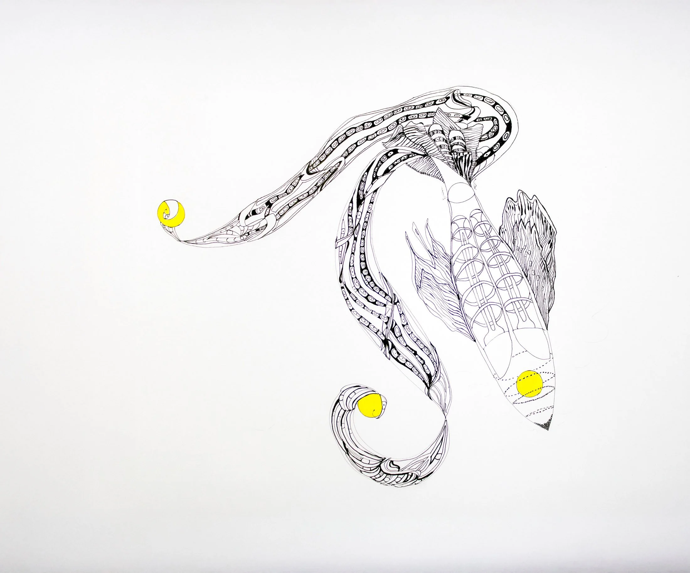 Desenho que integra a série Remotas Derivações, de Sandra Unglert Fernandes, em tinta sobre papel.