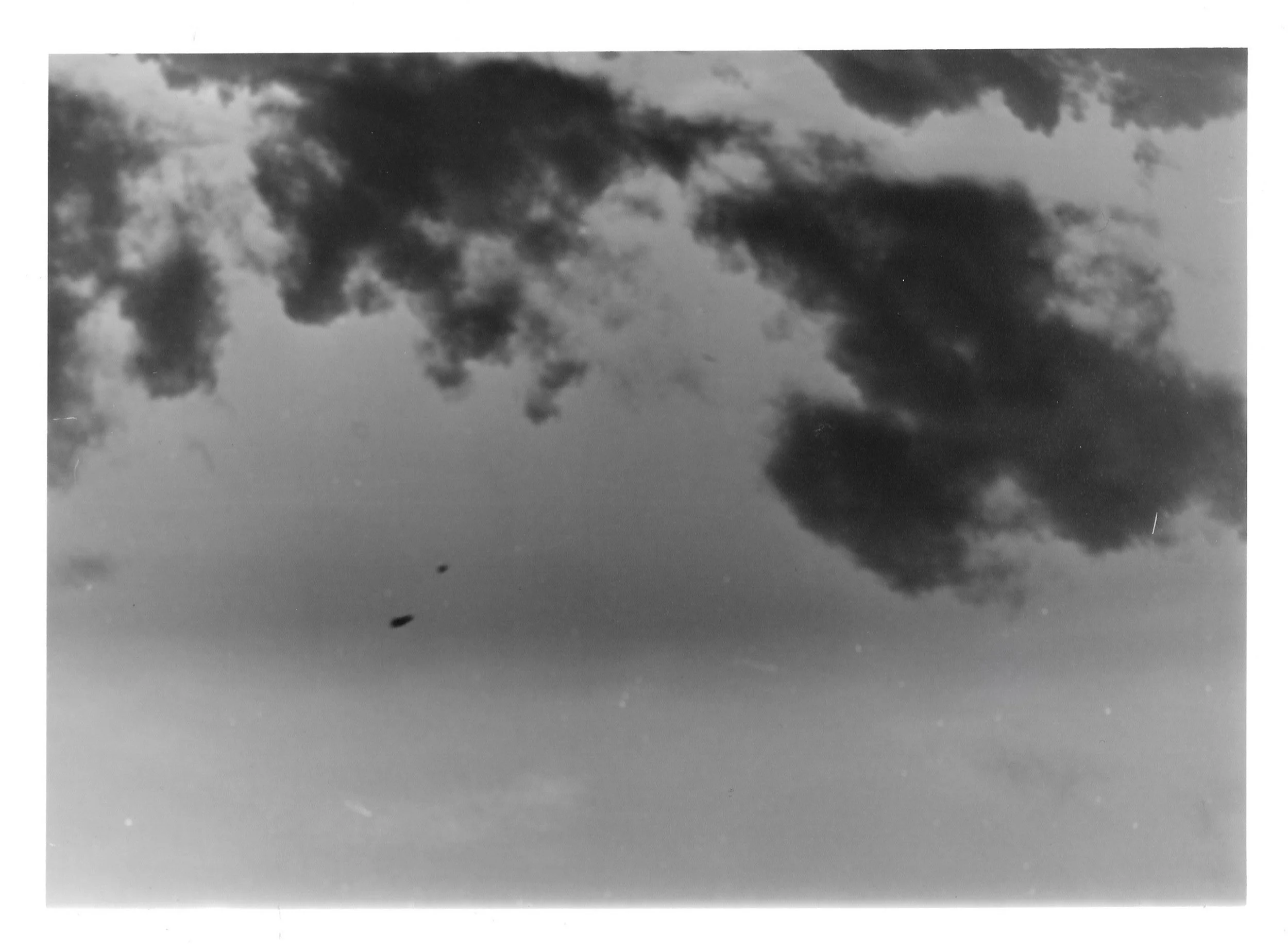 Fotografia analógica em preto e branco, integrante da Série 2, de Sandra Unglert Fernandes, mostrando nuvens escuras sobre o céu e pequenas aves em voo.
