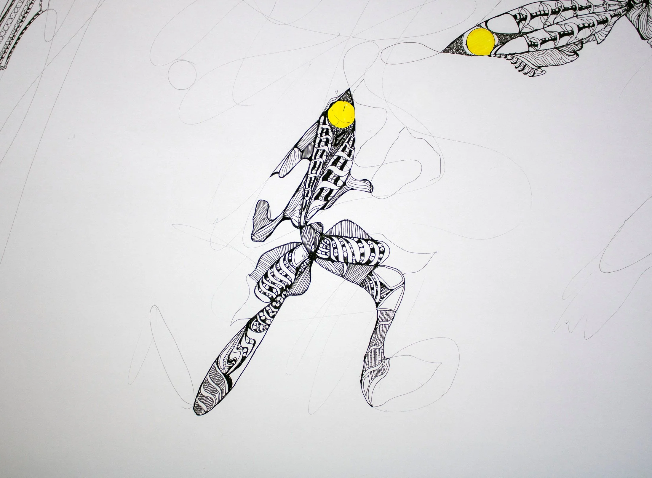 Desenho da série Remotas Derivações, de Sandra Unglert Fernandes, em tinta sobre papel, com composição de estruturas orgânicas complexas.