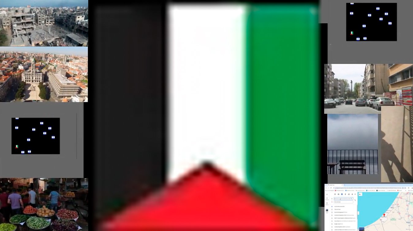 Imagem da vídeo-instalação Is Not Game Over, de Sandra Unglert Fernandes, mostrando uma bandeira da Palestina ao centro, cercada por imagens urbanas, mapas e elementos gráficos de um jogo.