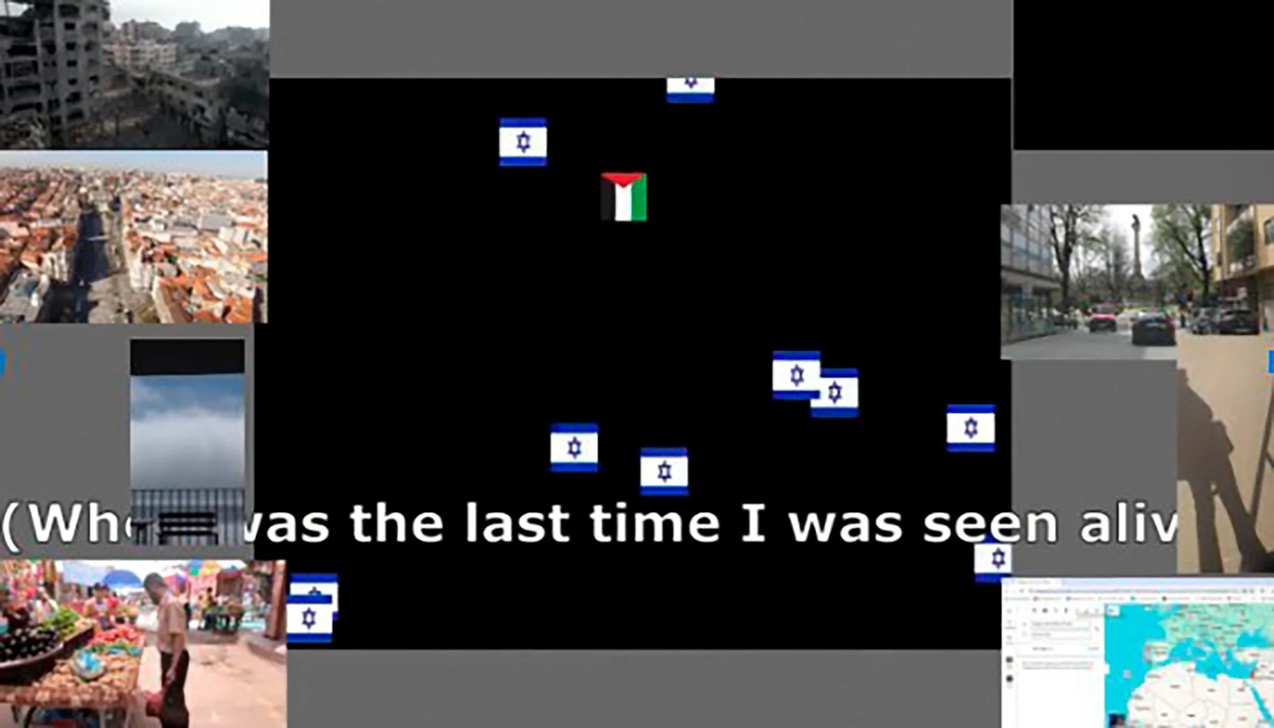 Imagem de apresentação da vídeo-instalação Is Not Game Over, de Sandra Unglert Fernandes, mostrando a interface de um jogo sobreposta a imagens de genocídio e deslocamento.
