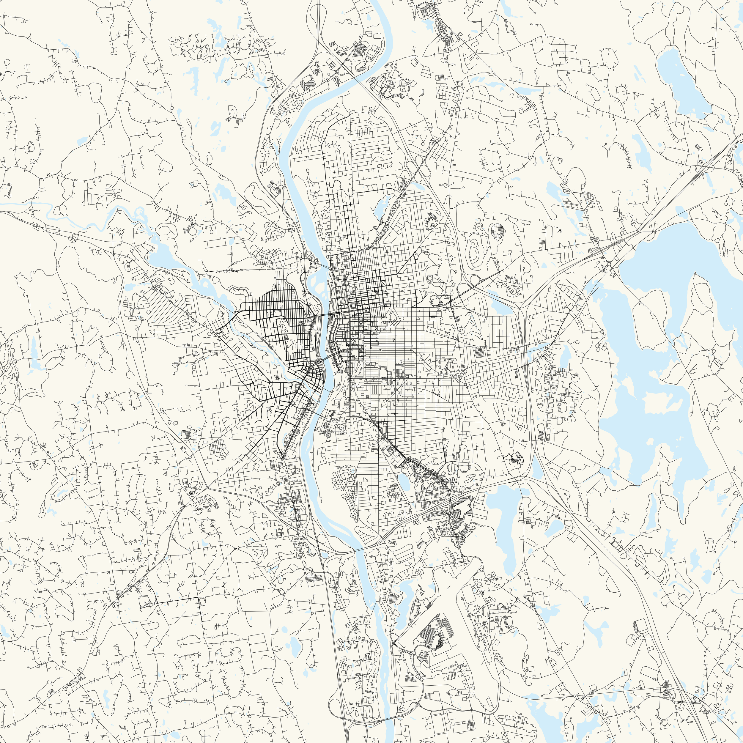 Map with streets, highways, rivers, and lakes in a city and surrounding areas.