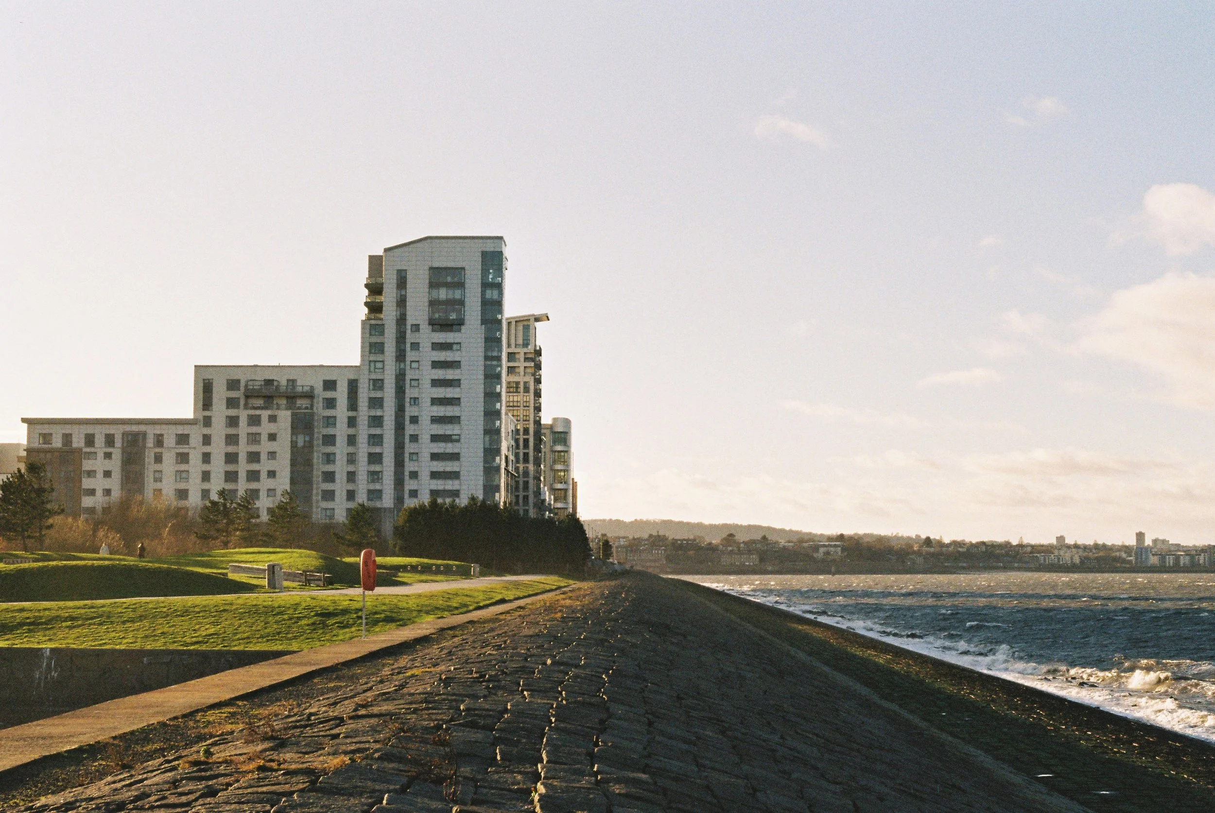 A waterfront park with grassy areas, a paved walkway, and modern high-rise buildings in the background against a partly cloudy sky.