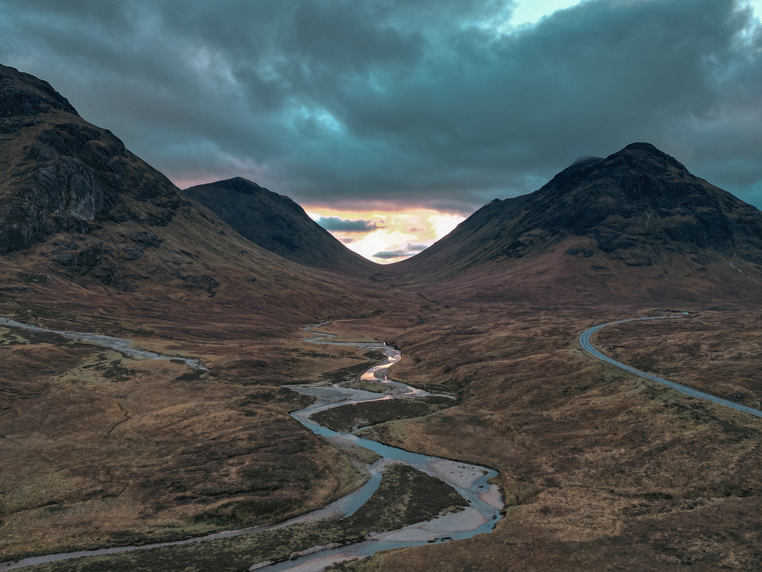 Drone shot of a river in glencoe