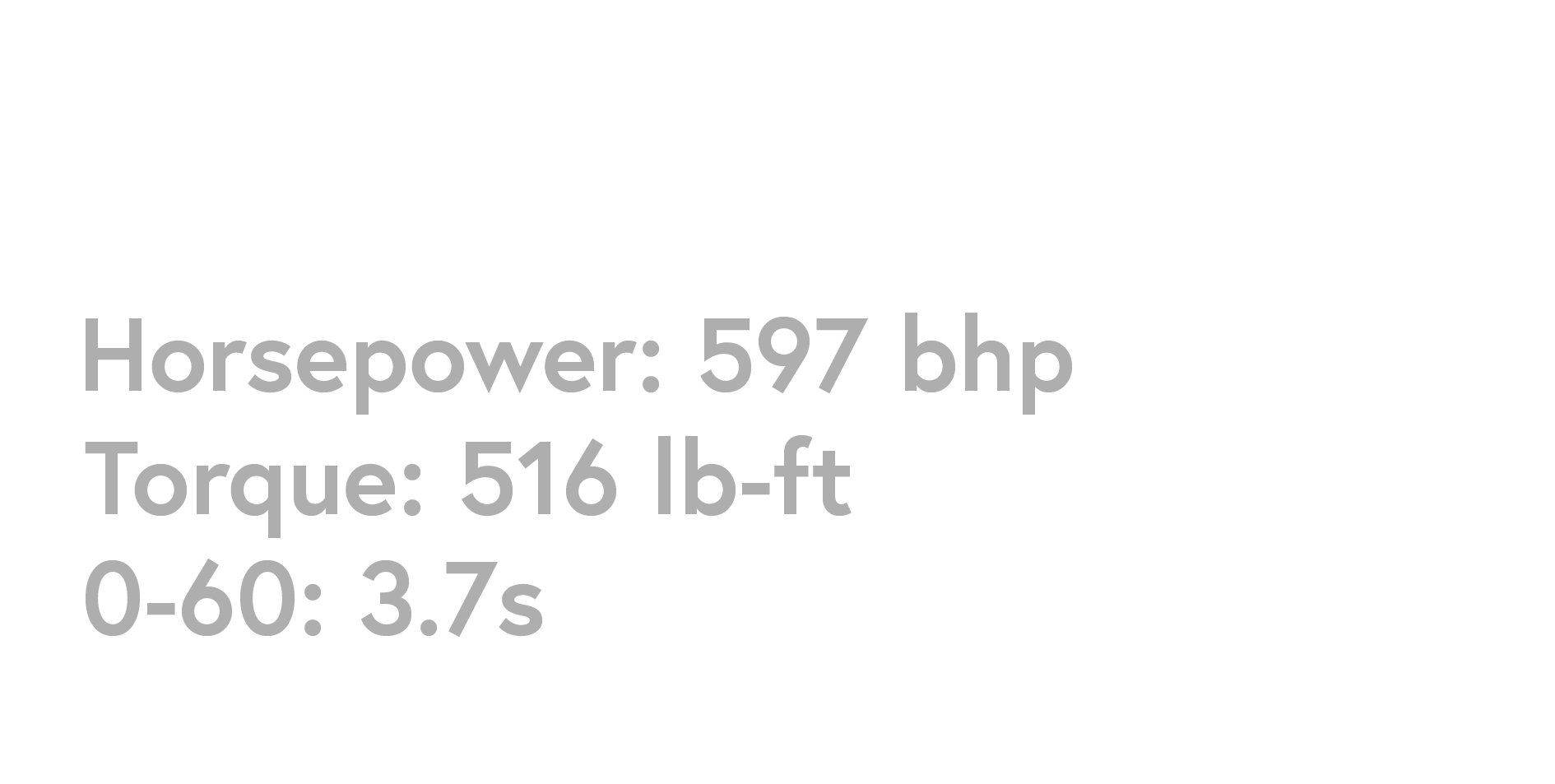 Specification sheet for an Audi RS6 car, displaying engine details: horsepower of 597 bhp, torque of 516 lb-ft, and acceleration from 0 to 60 mph in 3.7 seconds.