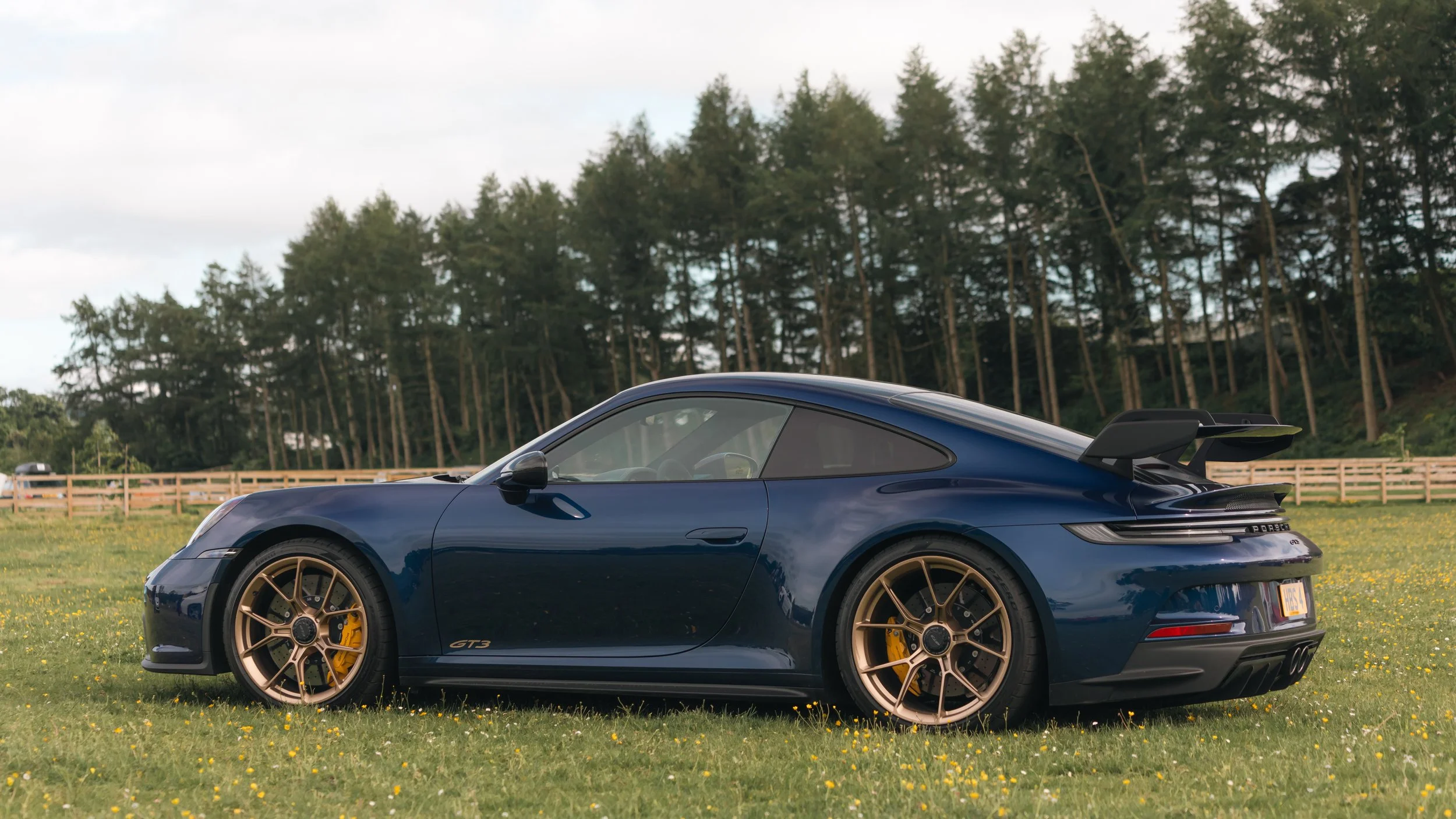 A blue Porsche 911 GT3 car with gold wheels parked on a grassy field with yellow flowers, surrounded by trees and a wooden fence in the background.