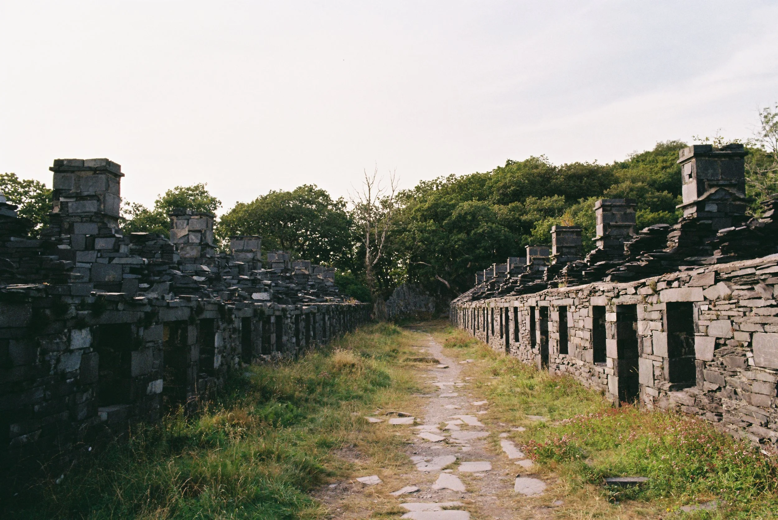 Old stone ruins with a dirt path and greenery in the background.