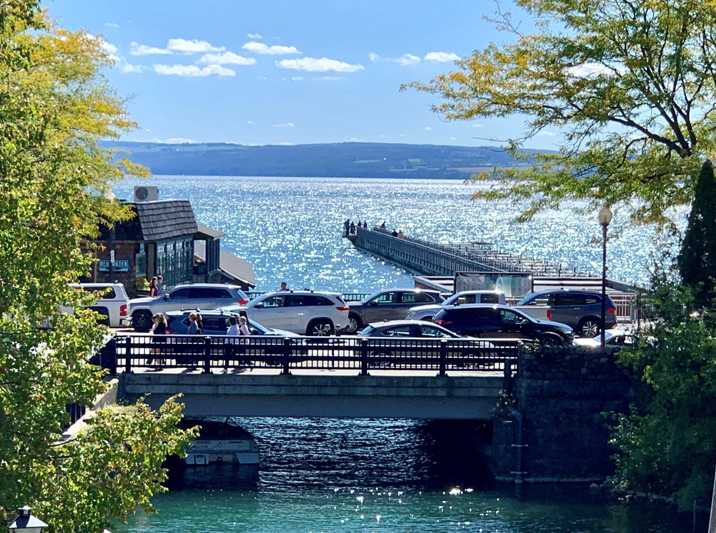 View of Skaneateles with a shimmering surface, surrounded by trees with green leaves. There is a dock extending into the water and a small building with a sign that reads 'Blue Water'. Cars are parked in the foreground.