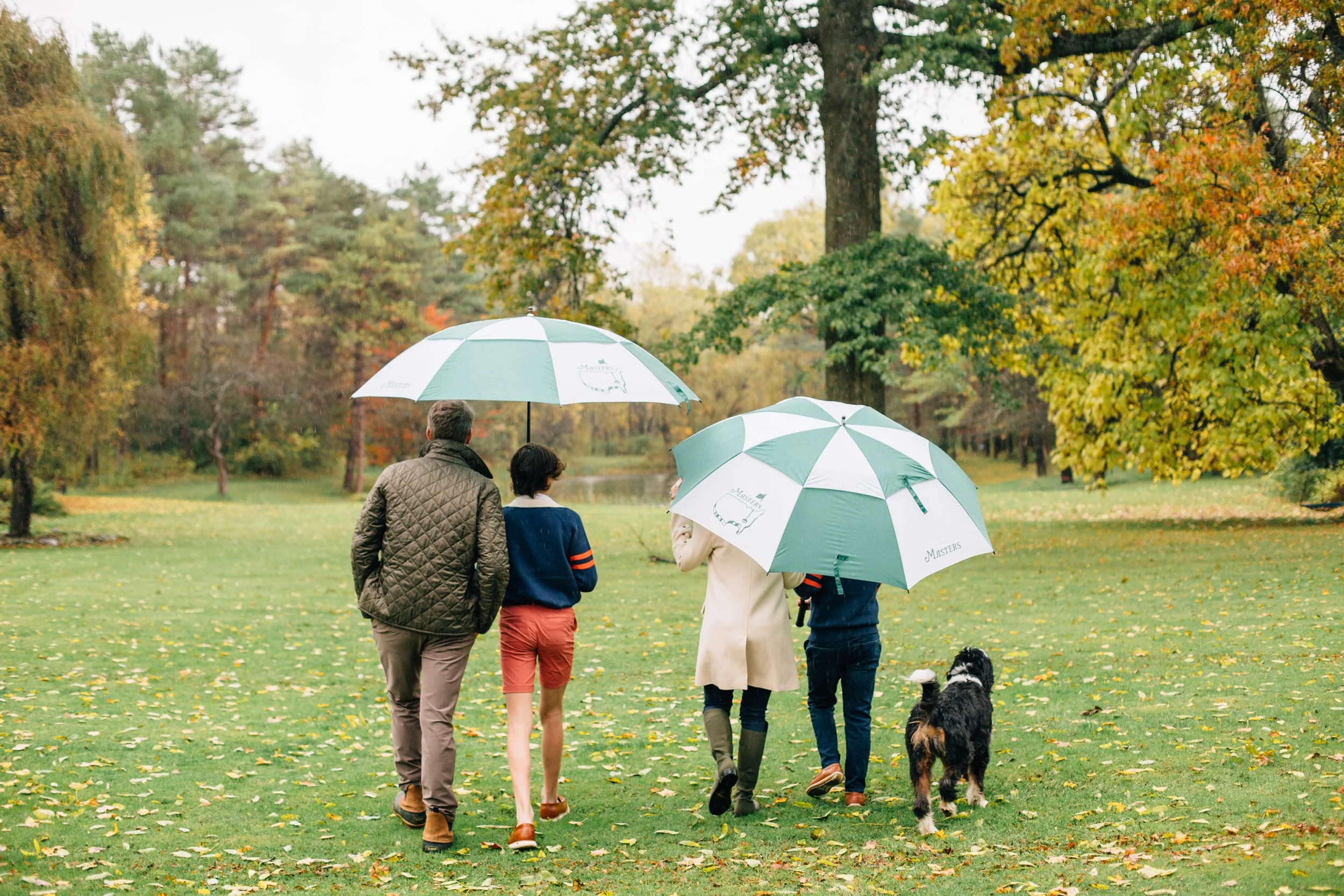 People walking in a park holding umbrellas on a fall day with trees full of yellow and green leaves.