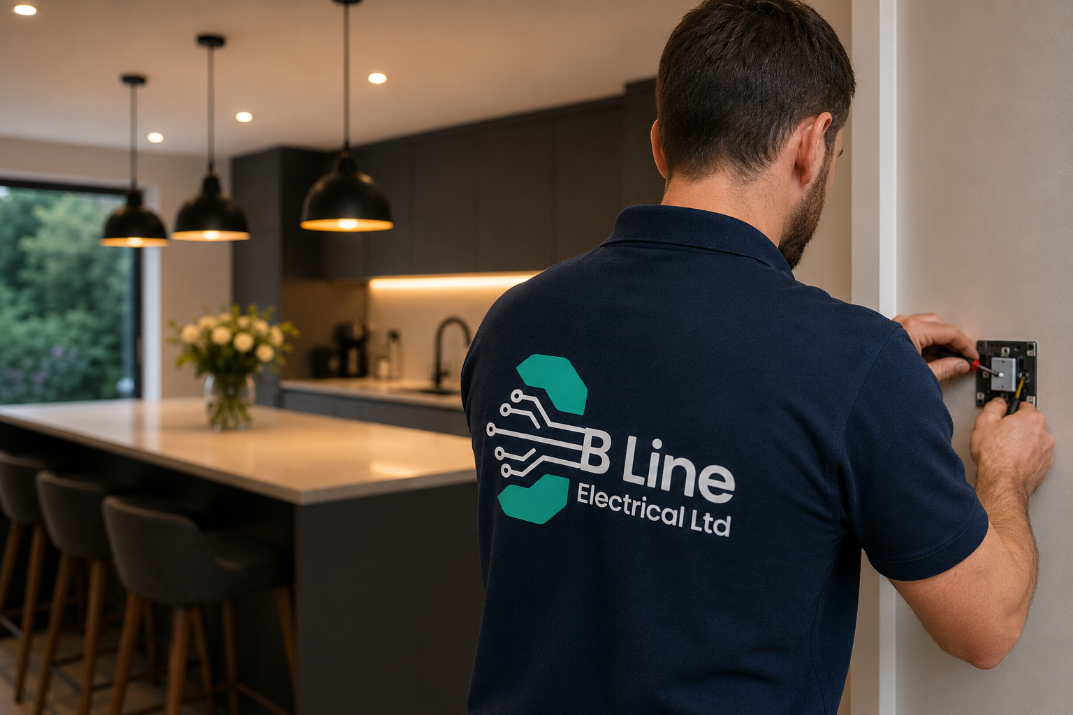 An electrician repairing a wall socket in a modern kitchen, wearing a navy blue polo shirt with 'B Line Electrical Ltd' logo.