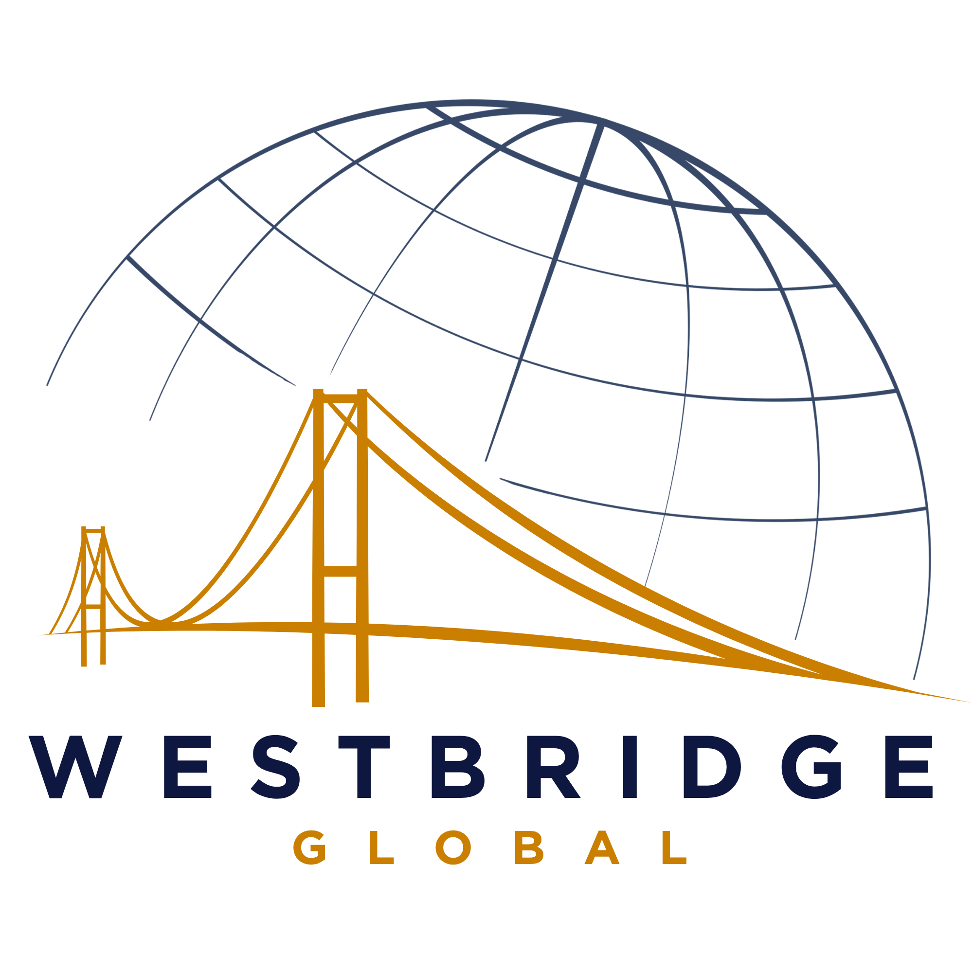 A digital illustration of a globe with latitude and longitude lines, featuring a stylized Golden Gate Bridge in the foreground, with the text 'WESTBRIDGE GLOBAL' beneath in bold letters.