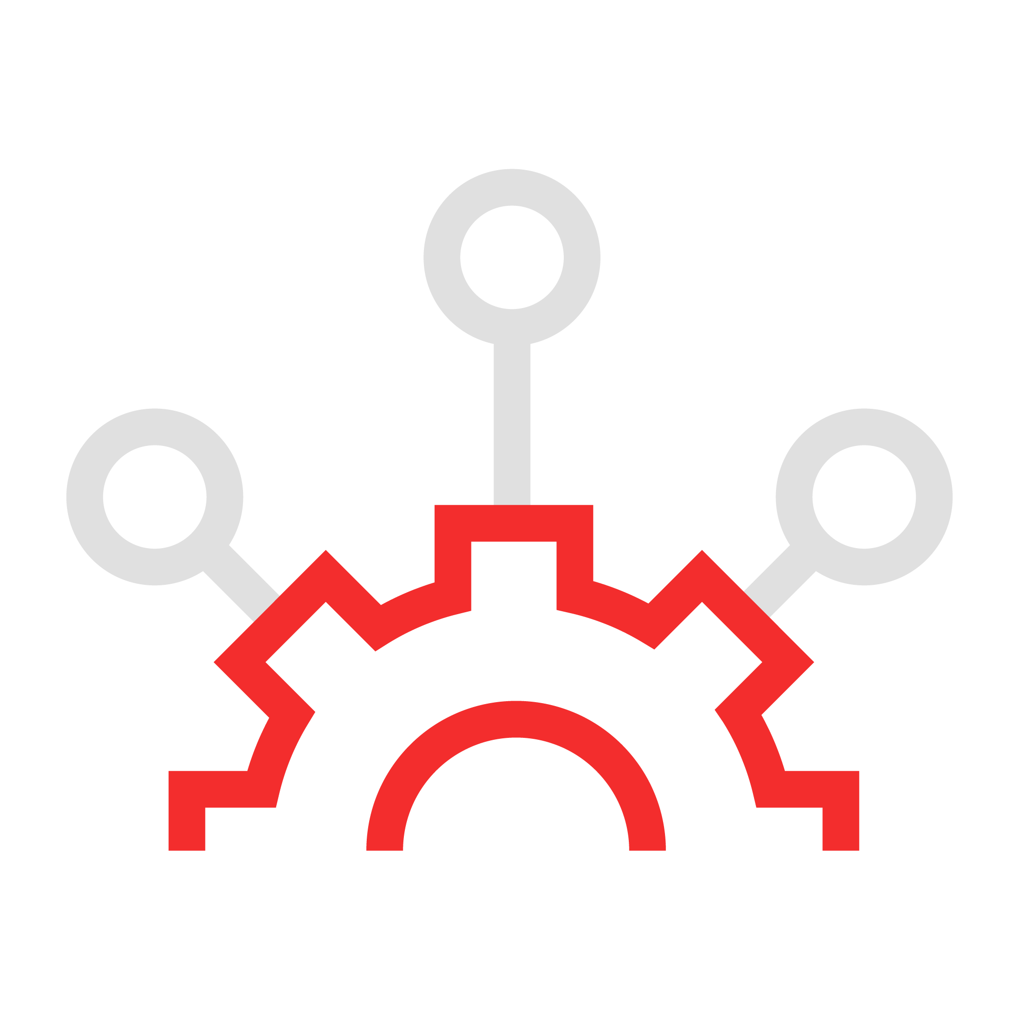 A graphic illustration of a gear with three connected nodes on a black background.