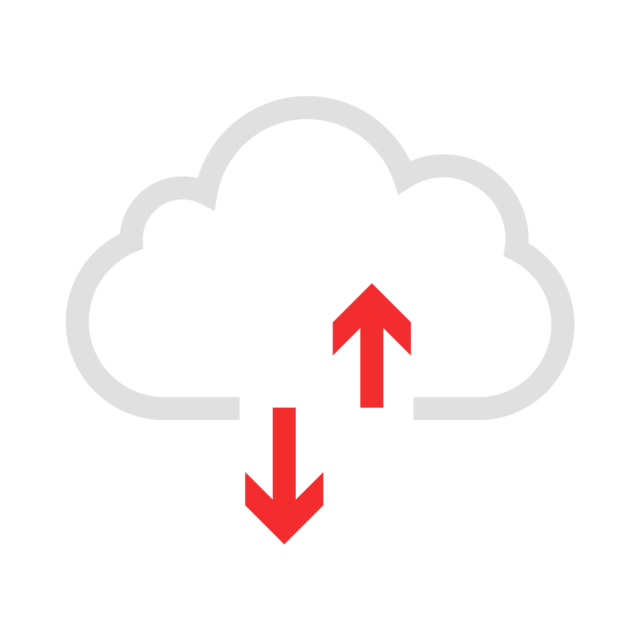 Cloud icon with white outline and red upward and downward arrows inside, representing cloud data transfer.