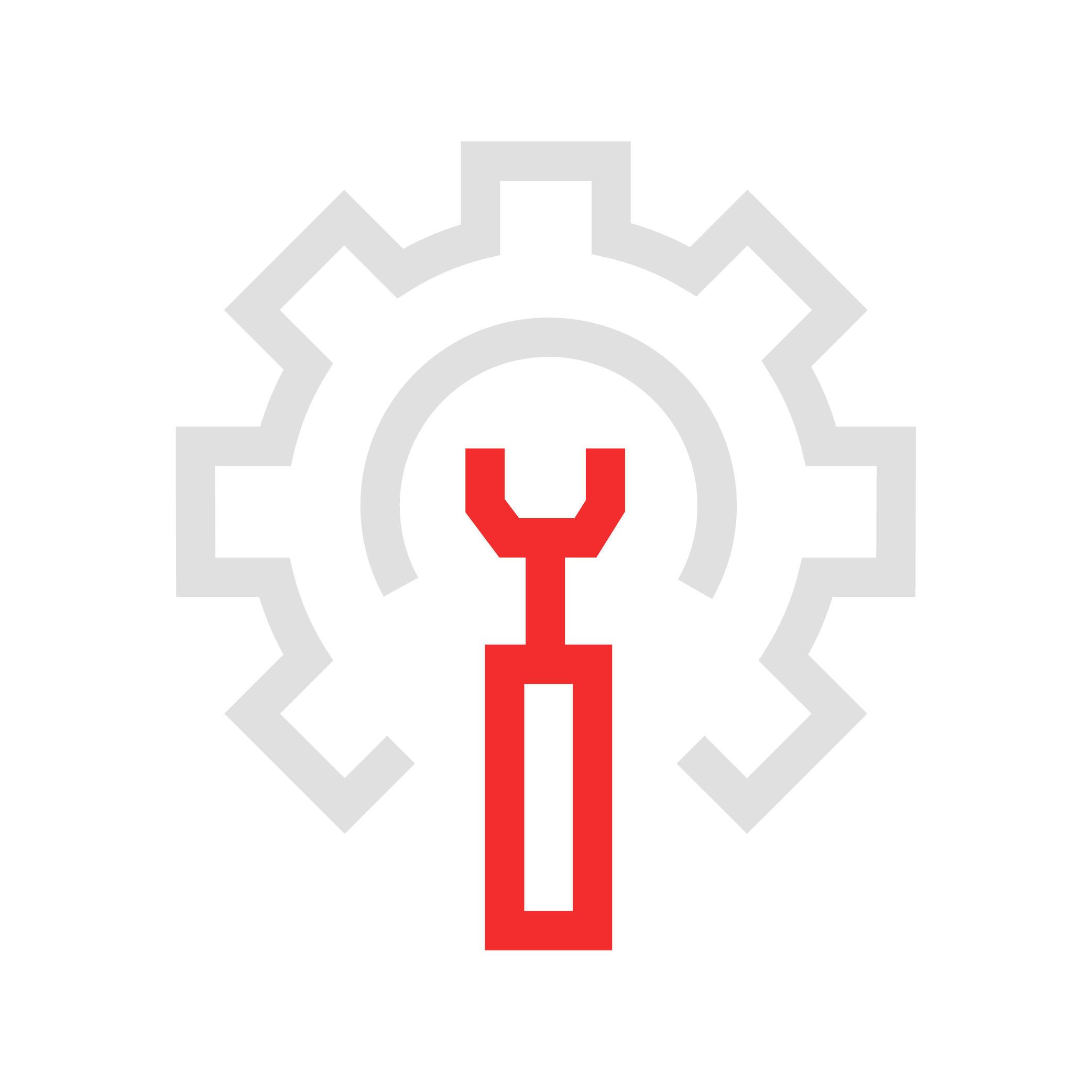 A stylized graphic of a wrench integrated into a gear icon with a black background, using red, gray, and black colors.