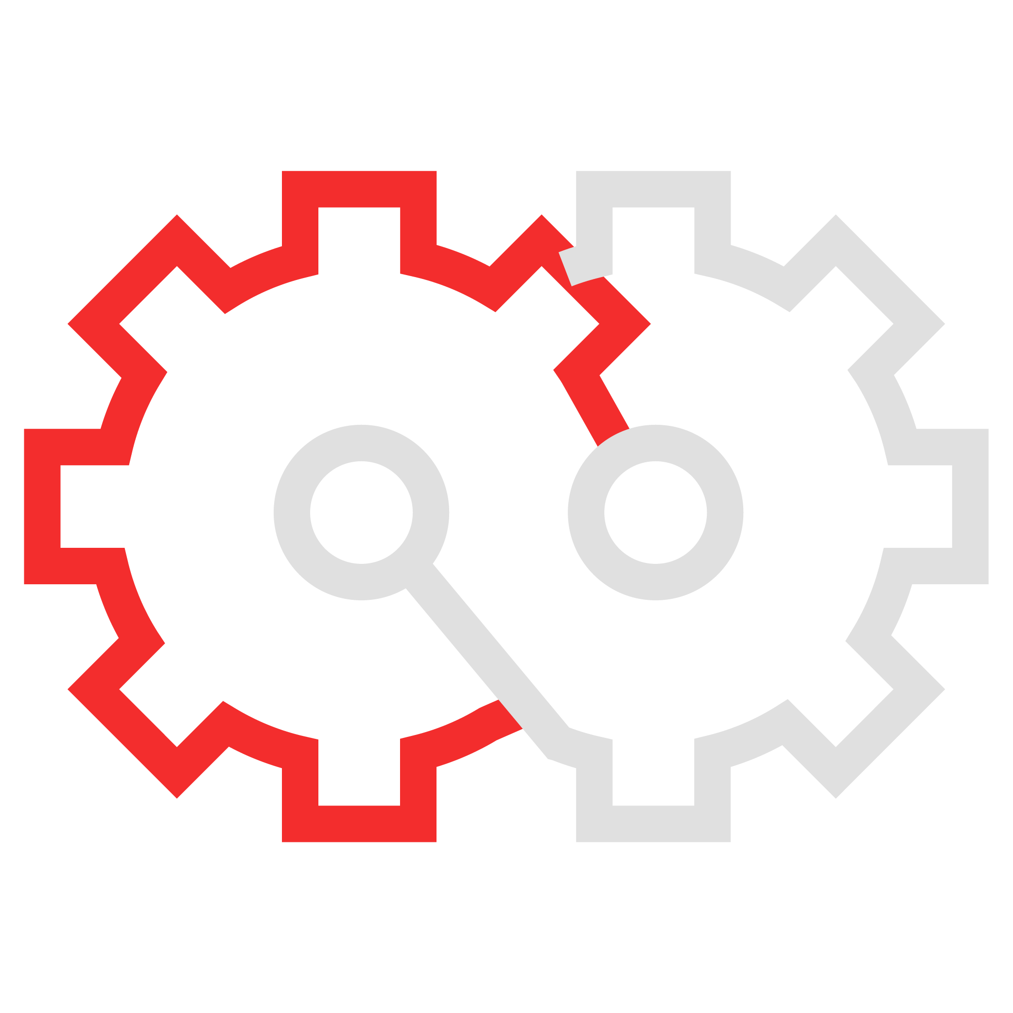 Two interlocking gears, one outlined in red and the other in gray, on a black background.