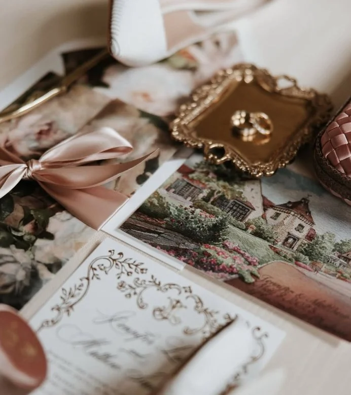 Close-up of wedding invitation with floral motif, pink bow, vintage jewelry in a gold case, and decorative items on a table.