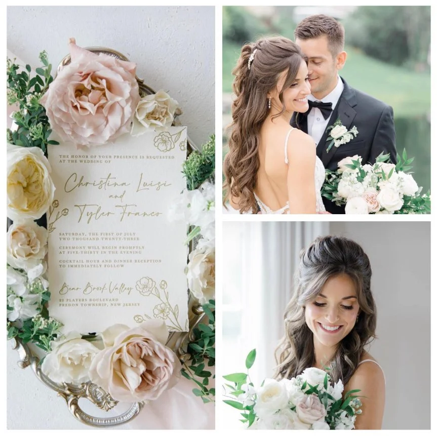 A wedding invitation surrounded by pink and white roses and greenery, a bride and groom smiling at each other, and a smiling bride holding a bouquet of white and blush roses and green leaves.