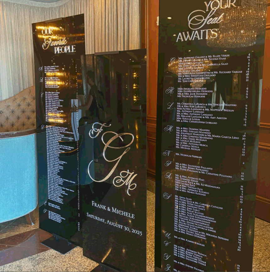 Wedding reception seating chart and escort display for Frank and Michele, dated Saturday, August 30, 2025.