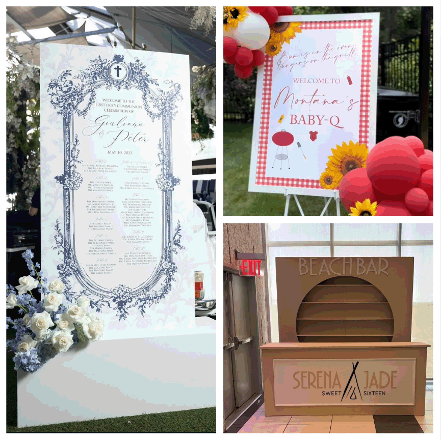Collage of three wedding-themed signs. The first is a formal seating chart with floral decorations and script text. The second is a cheerful outdoor Welcome sign for Montana's Baby-Q with a red and white checkered border, sunflowers, balloons, and gr