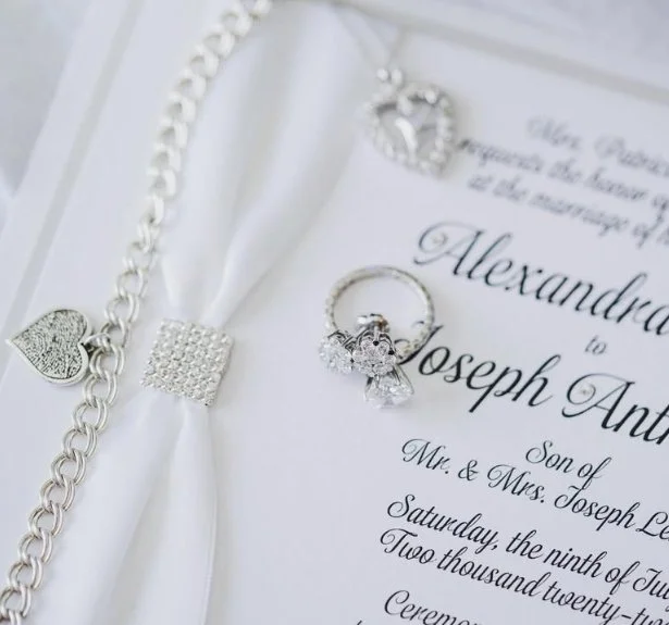 Wedding invitation with jewelry, including a necklace, ring, and earrings with heart and butterfly charms.