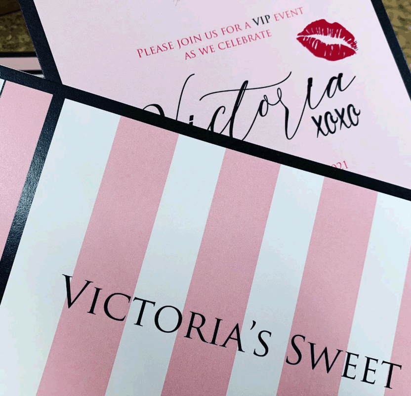 Party invitation with pink and white stripes, inviting to a VIP event celebrating Victoria, with a red lipstick kiss mark at the top.
