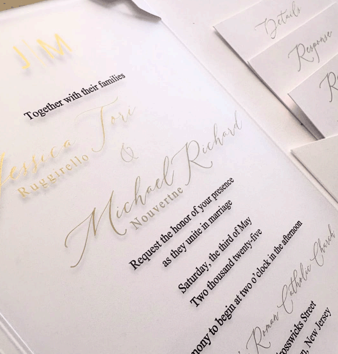 Wedding invitation card for Jessica Torre and Michael Richard, with gold and black text, details of the ceremony, and RSVP cards.