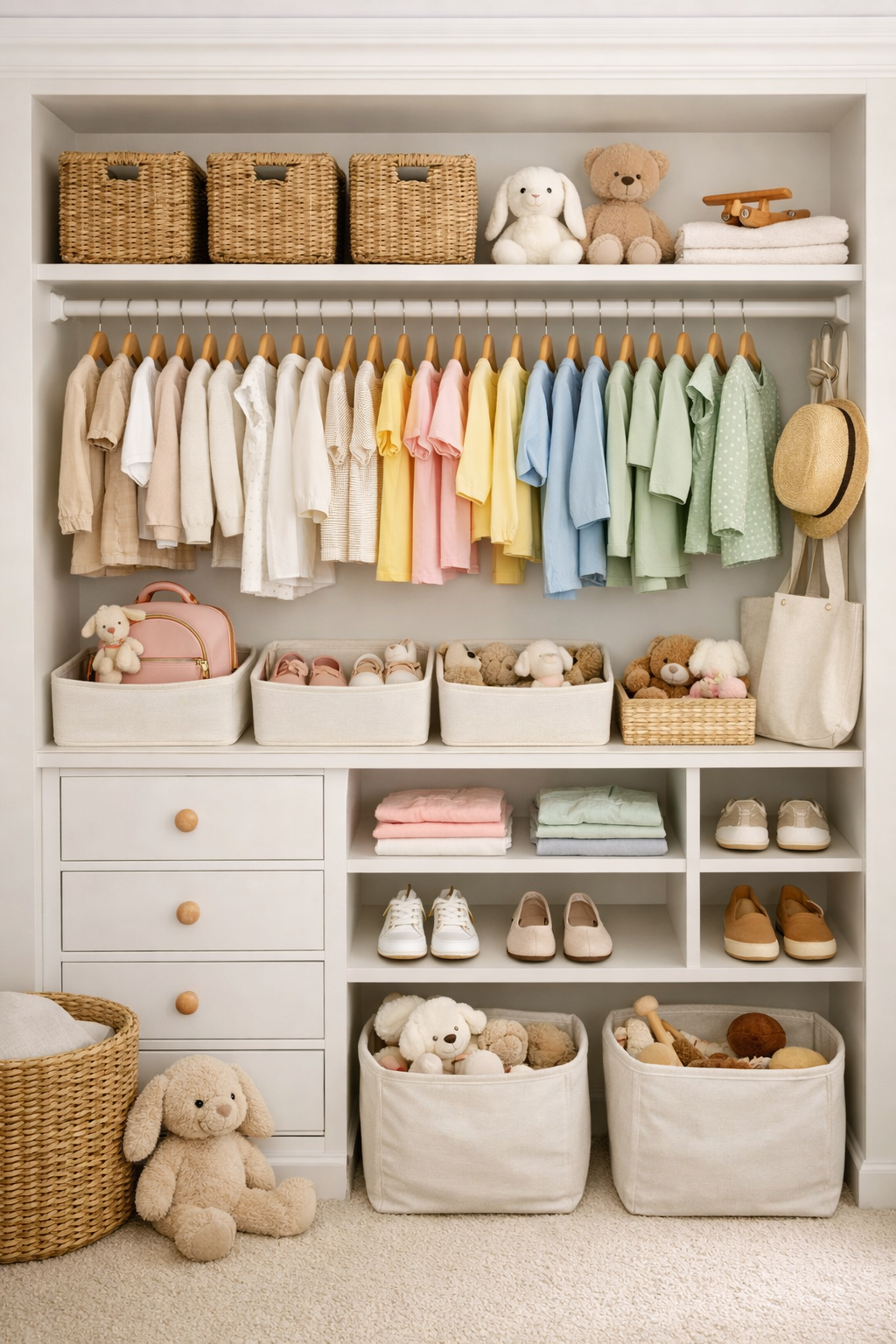 A neatly organized children's wardrobe with hanging pastel-colored clothes, stuffed animals, baskets with toys and shoes, and accessories on shelves.