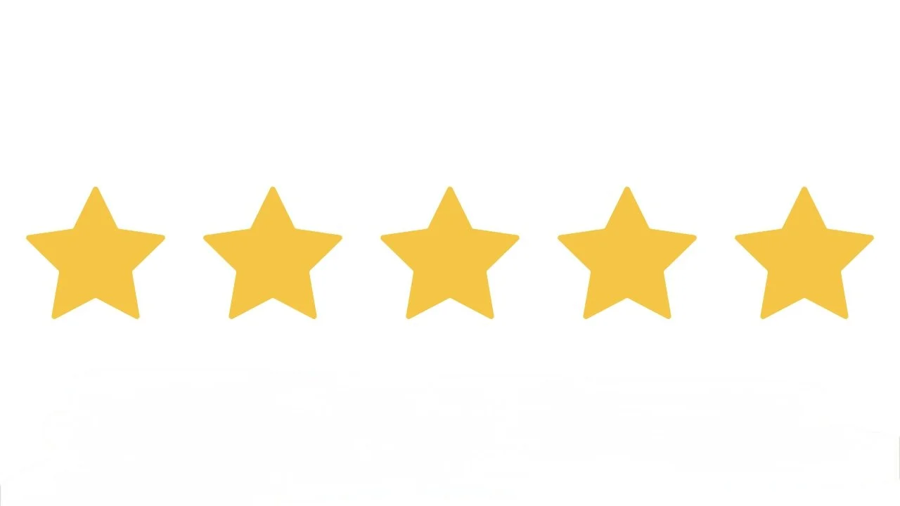 Five yellow stars in a row on a white background.