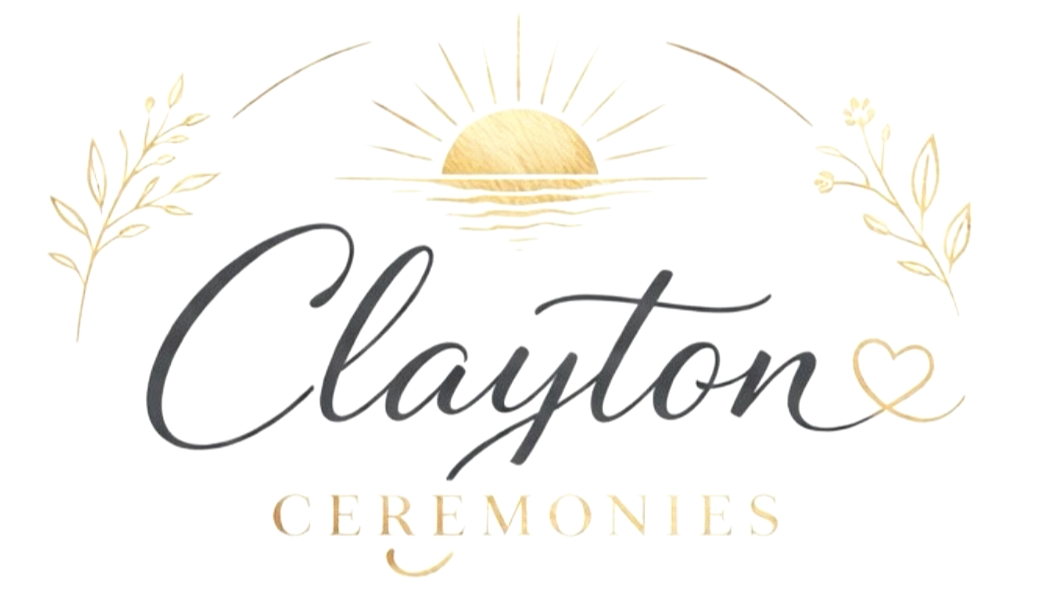 Logo for Clayton Ceremonies featuring a gold sun rising over water, with decorative gold leaves on either side, and the text 'Clayton Ceremonies' in elegant script and serif font.