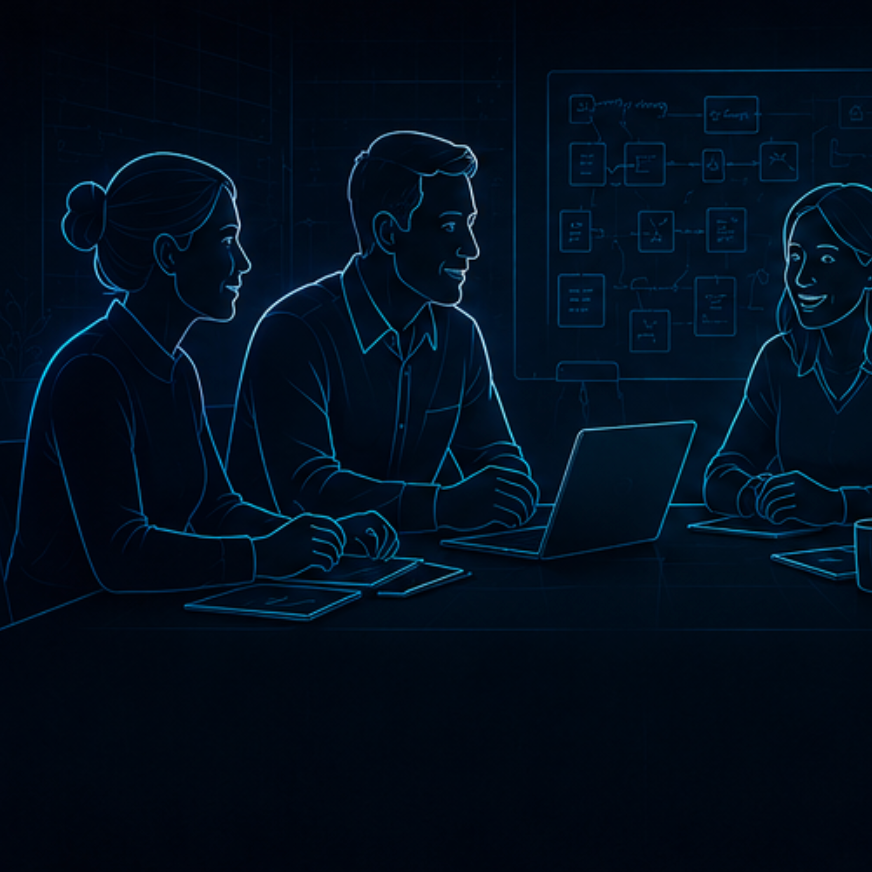 Three people in a meeting room, illuminated with blue neon outlines, sitting around a table with a laptop, notes, and documents, engaging in a discussion.